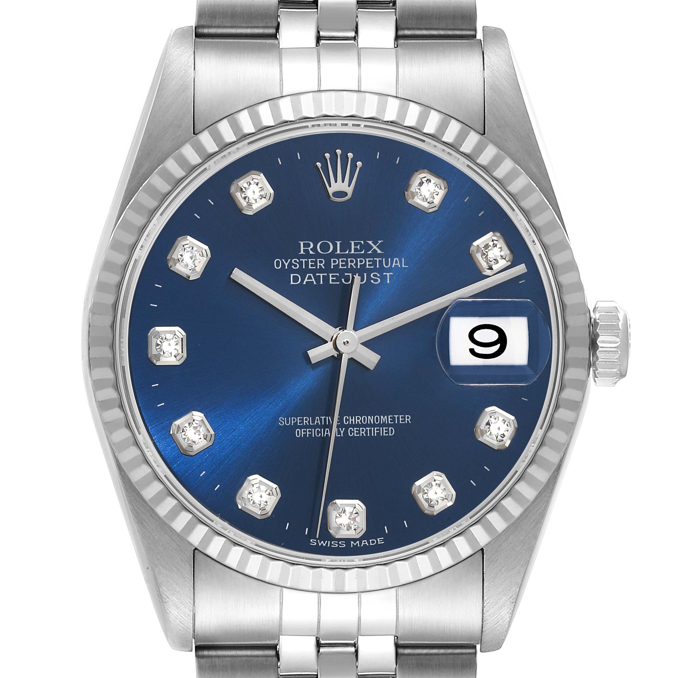 The image shows a frontal view of a Rolex Datejust 16234G Men's Stainless Steel Blue Dial 16234G Men's Stainless Steel Blue Dial watch, highlighting the blue dial, date window, markers, and part of the bracelet.