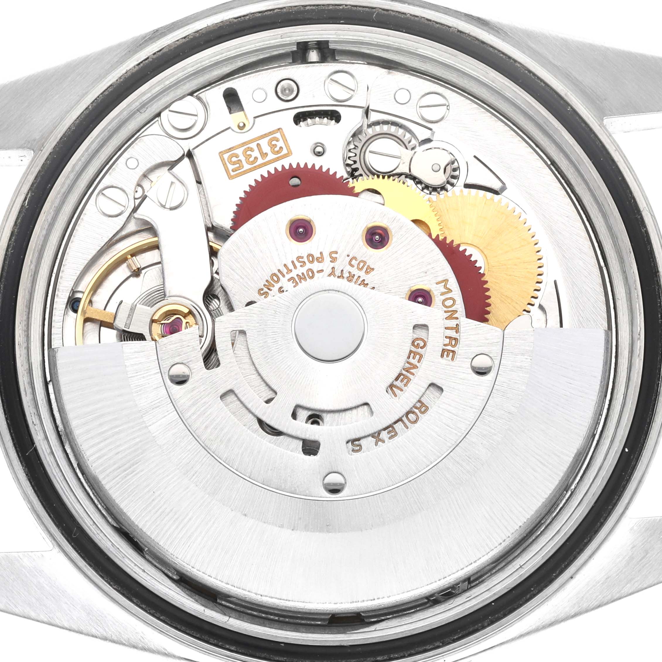 The image shows a close-up of the Rolex Datejust 16234G Men's Stainless Steel Blue Dial 16234G Men's Stainless Steel Blue Dial watch's internal mechanism from the back.