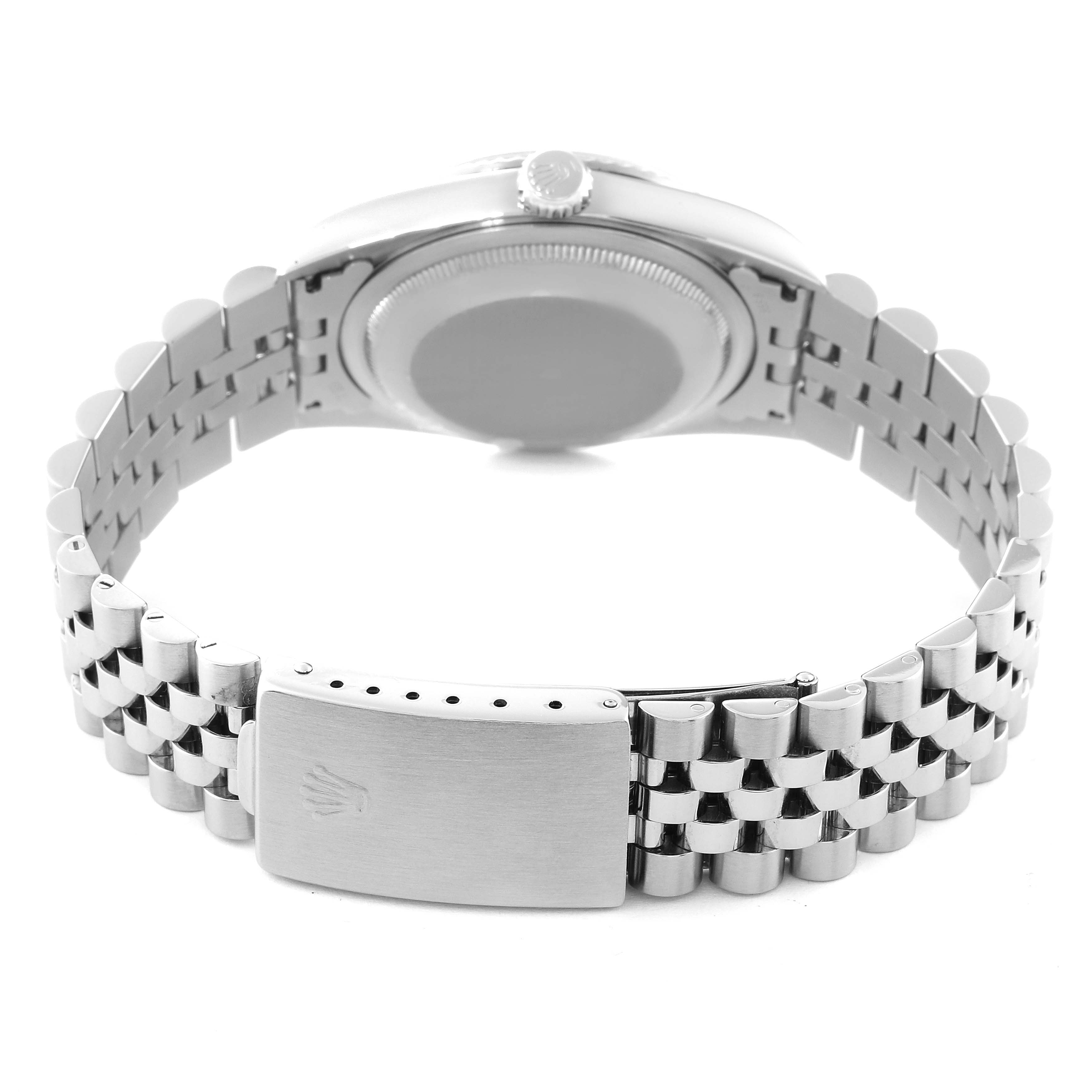 This image shows the back of a Rolex Datejust 16234G Men's Stainless Steel Blue Dial 16234G Men's Stainless Steel Blue Dial watch, focusing on the bracelet and clasp.