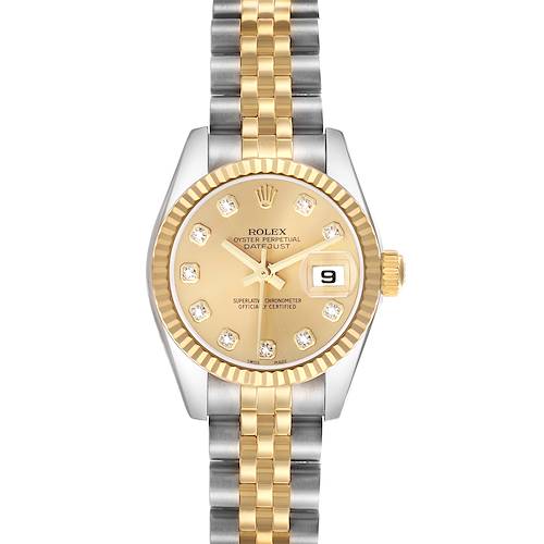 The Rolex Datejust 179173 Women's Steel and Gold (two tone) Champagne Dial 179173 Women's Steel and Gold (two tone) Champagne Dial watch is shown from the front, displaying its gold dial, diamond hour markers, fluted bezel, and two-tone bracelet.
