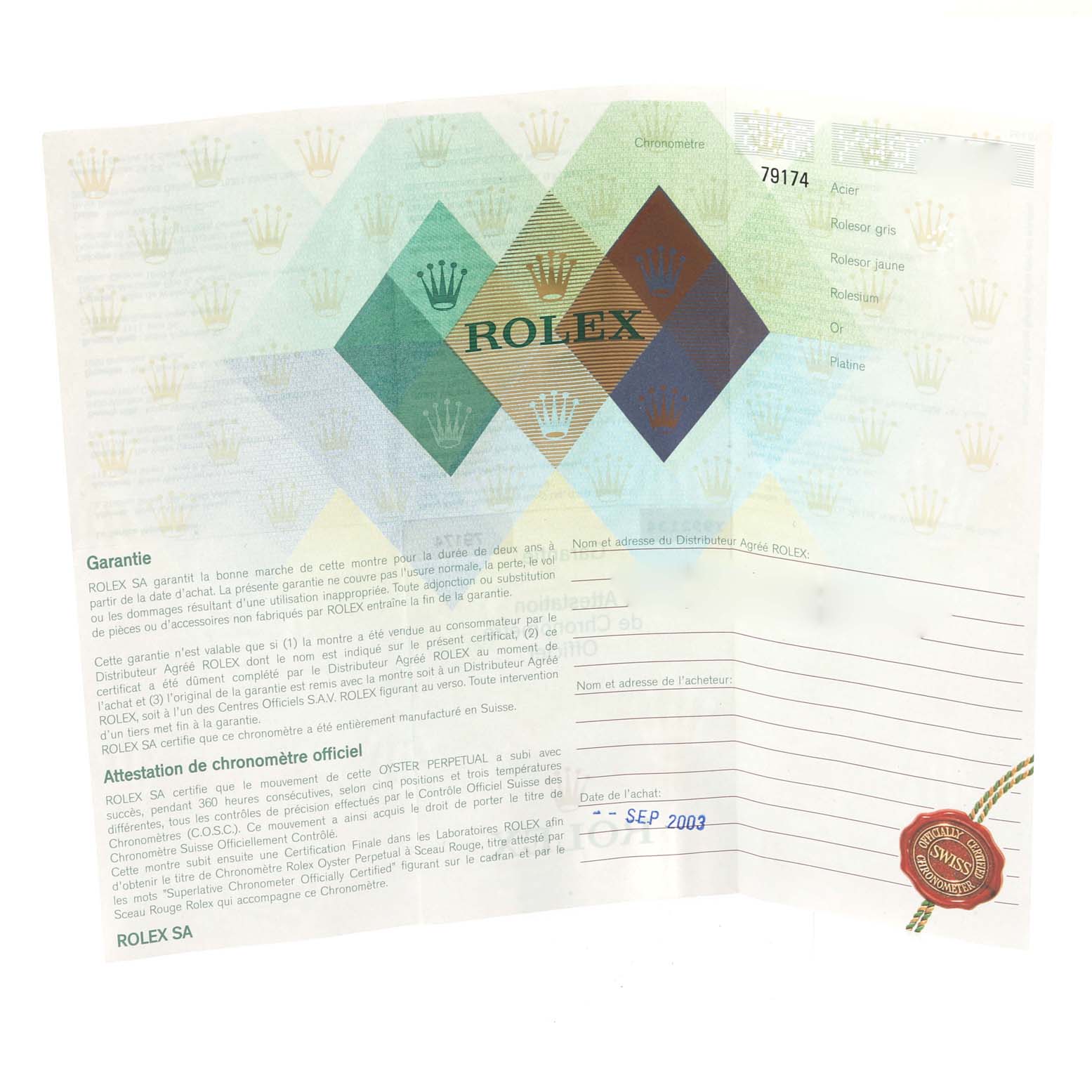 This image shows the warranty card and certificate for the Rolex Datejust 79174 Women's Stainless Steel Pink Dial 79174 Women's Stainless Steel Pink Dial model, dated September 2003.