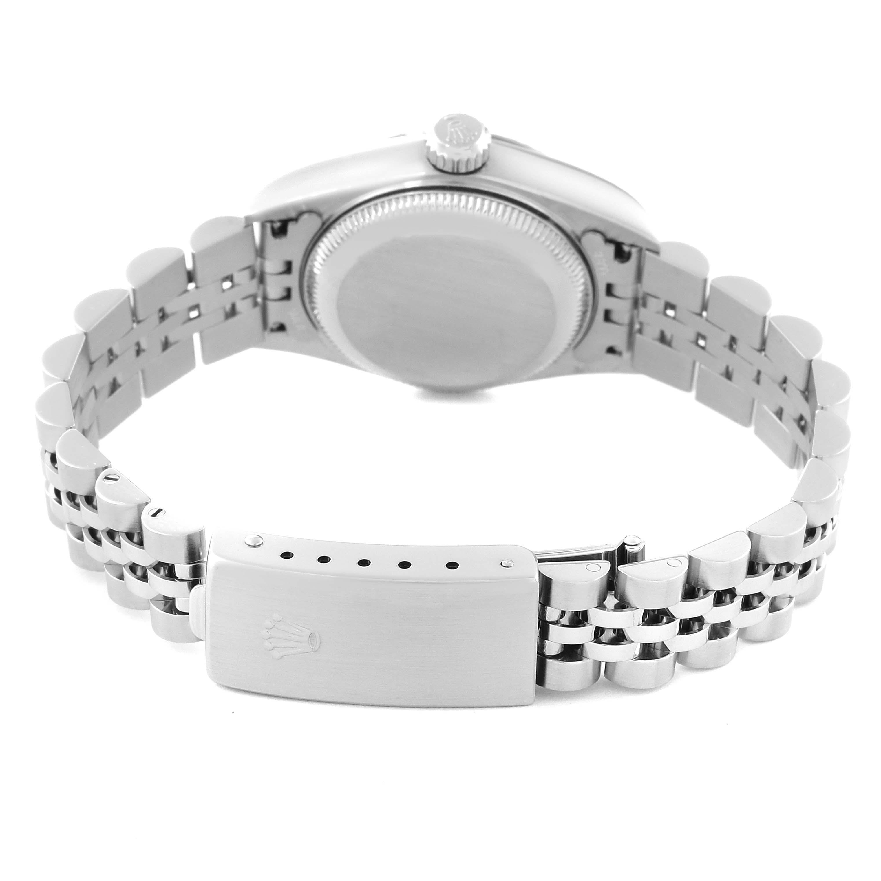 The image shows the back view of a Rolex Datejust 79174 Women's Stainless Steel Pink Dial 79174 Women's Stainless Steel Pink Dial watch, highlighting its bracelet and clasp with the crown logo.