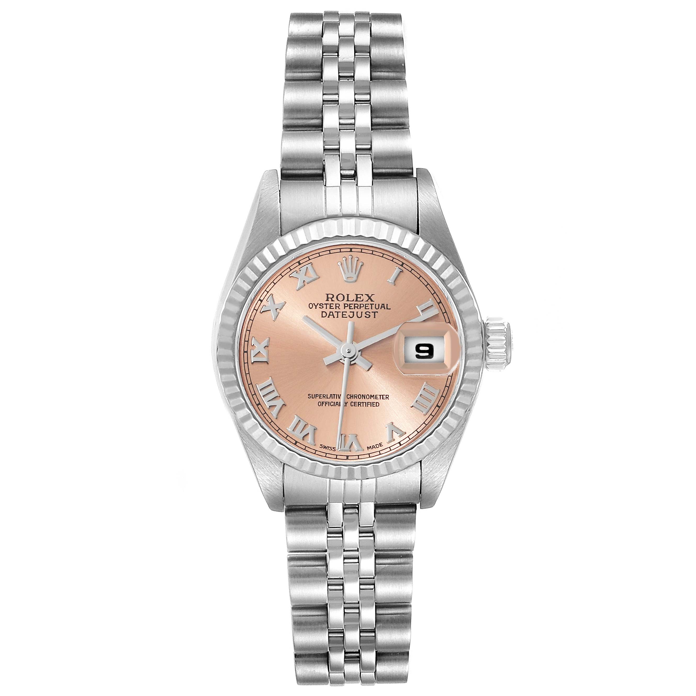The Rolex Datejust 79174 Women's Stainless Steel Pink Dial 79174 Women's Stainless Steel Pink Dial watch is shown from a front angle, displaying its face, bracelet, and date indicator.