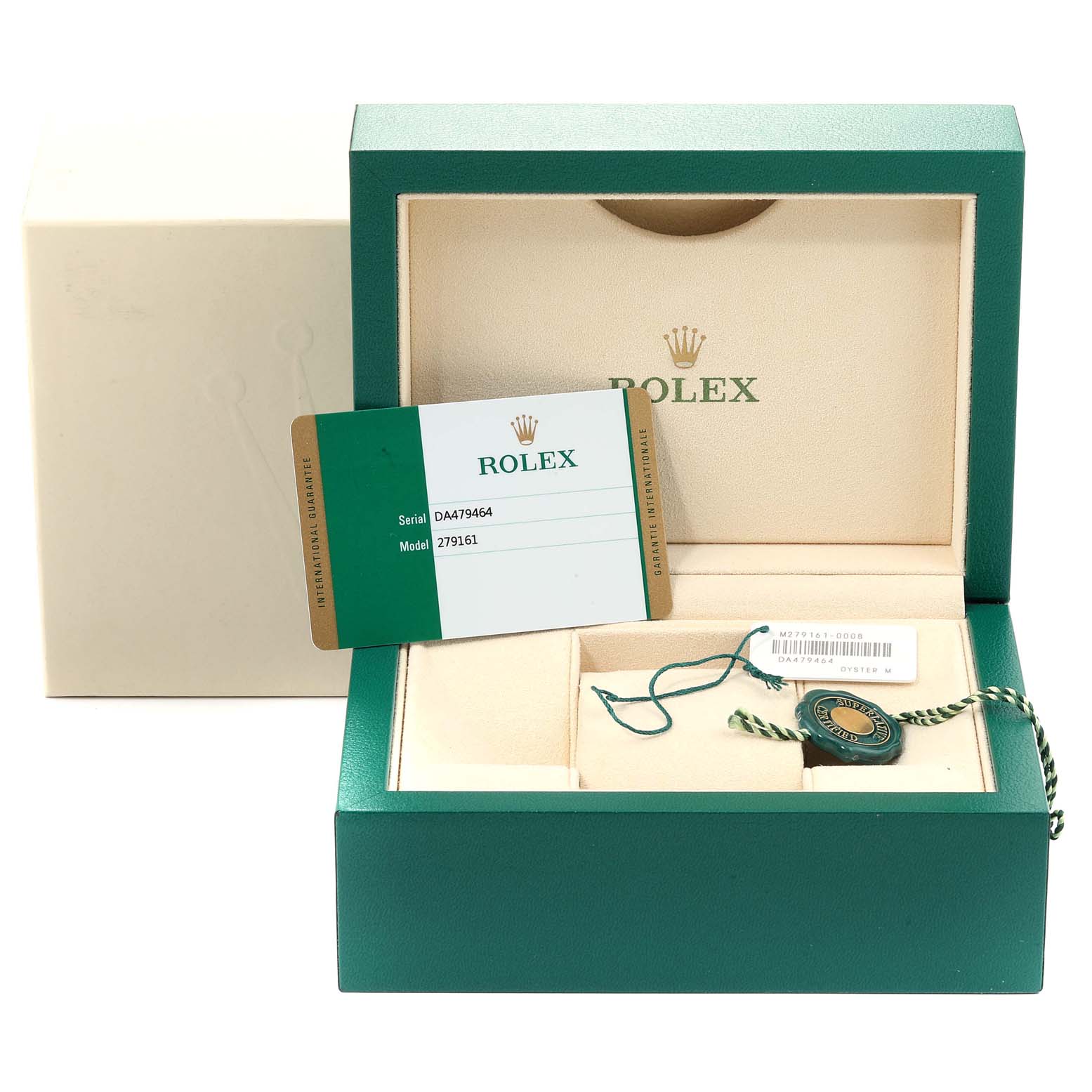 This image shows a Rolex Datejust 279161 Women's Steel and Gold (two tone) Green Dial 279161 Women's Steel and Gold (two tone) Green Dial watch box, warranty card, and green tag, viewed from the front.