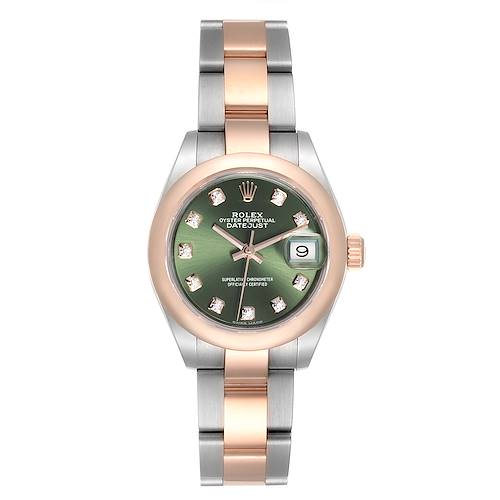 The Rolex Datejust 279161 Women's Steel and Gold (two tone) Green Dial 279161 Women's Steel and Gold (two tone) Green Dial watch is shown from a top-down angle, displaying its green dial, two-tone bracelet, and date feature.