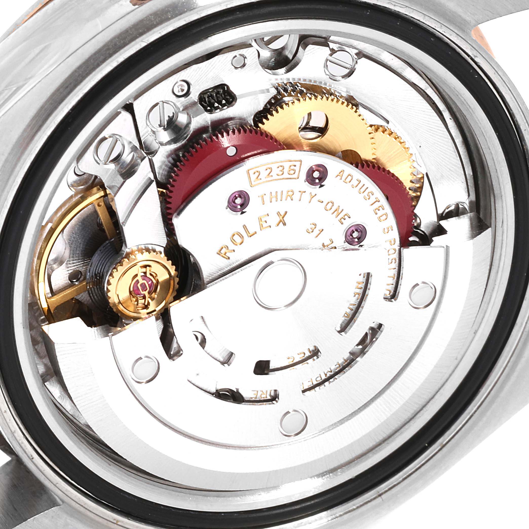 The image displays the internal mechanical movement of a Rolex Datejust 279161 Women's Steel and Gold (two tone) Green Dial 279161 Women's Steel and Gold (two tone) Green Dial watch from a rear angle viewpoint.