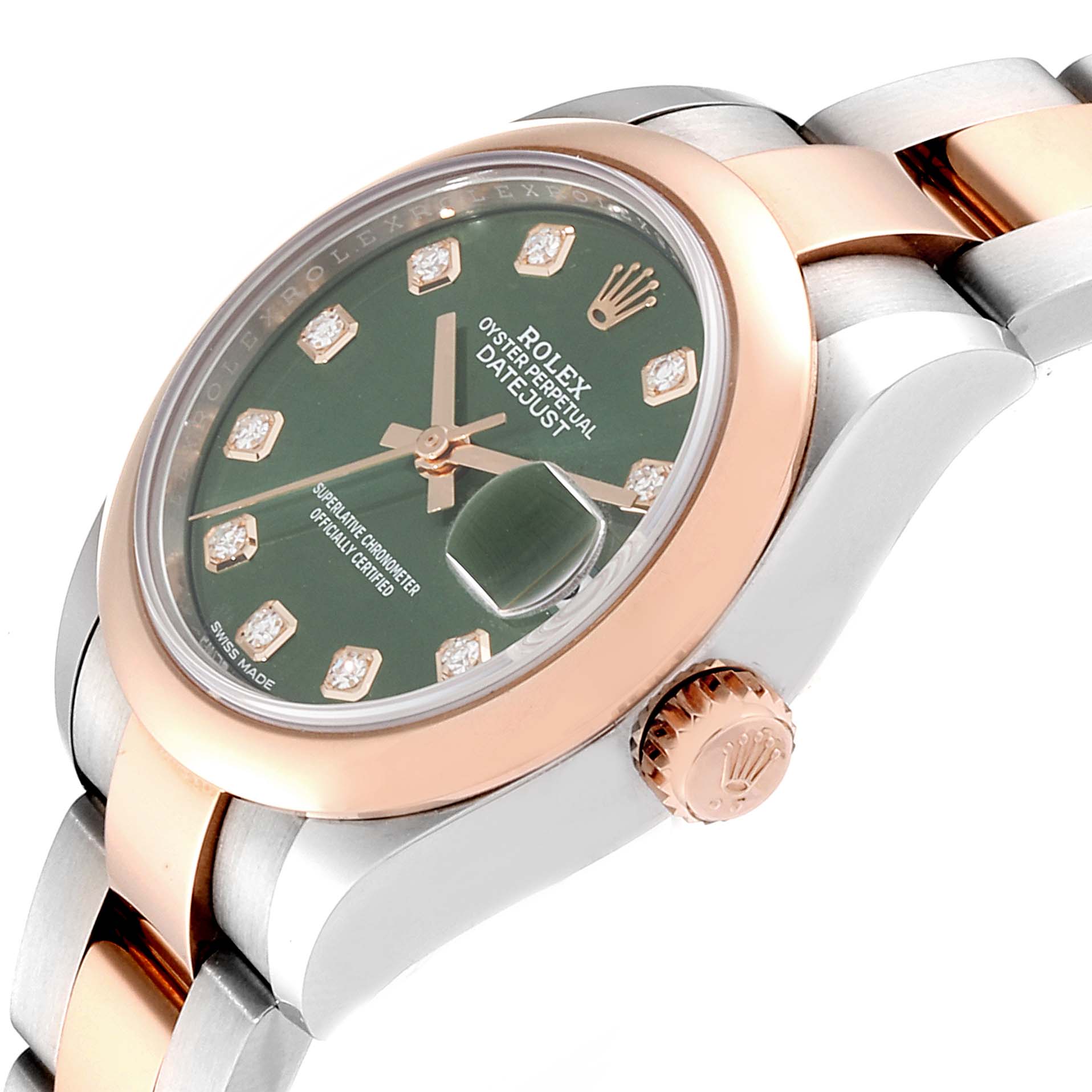 This image displays a close-up side angle of the Rolex Datejust 279161 Women's Steel and Gold (two tone) Green Dial 279161 Women's Steel and Gold (two tone) Green Dial watch, highlighting its green dial, crown, and two-tone bracelet.