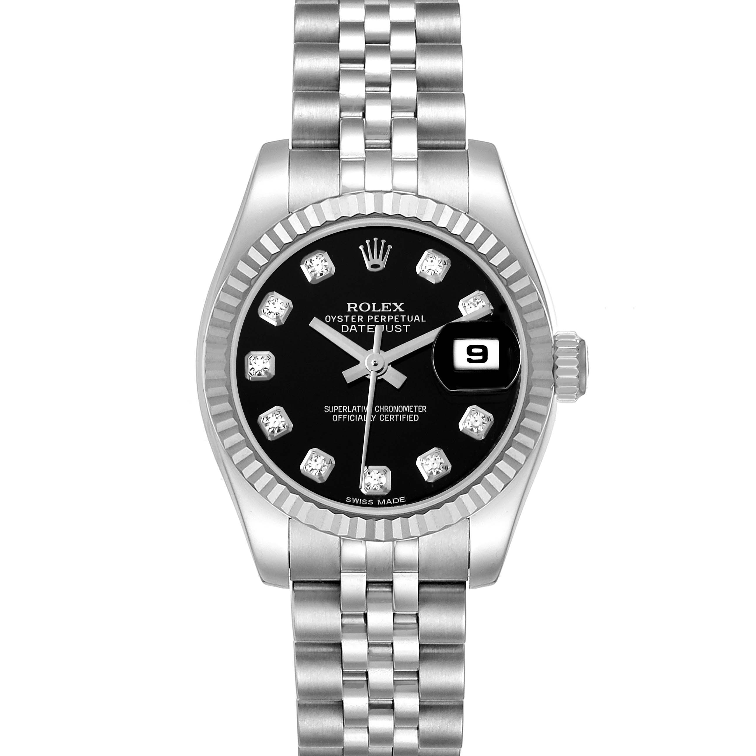 The Rolex Datejust 179174 Women's Stainless Steel Black Dial 179174 Women's Stainless Steel Black Dial watch is shown from a top-down angle, displaying the face, fluted bezel, and Jubilee bracelet.