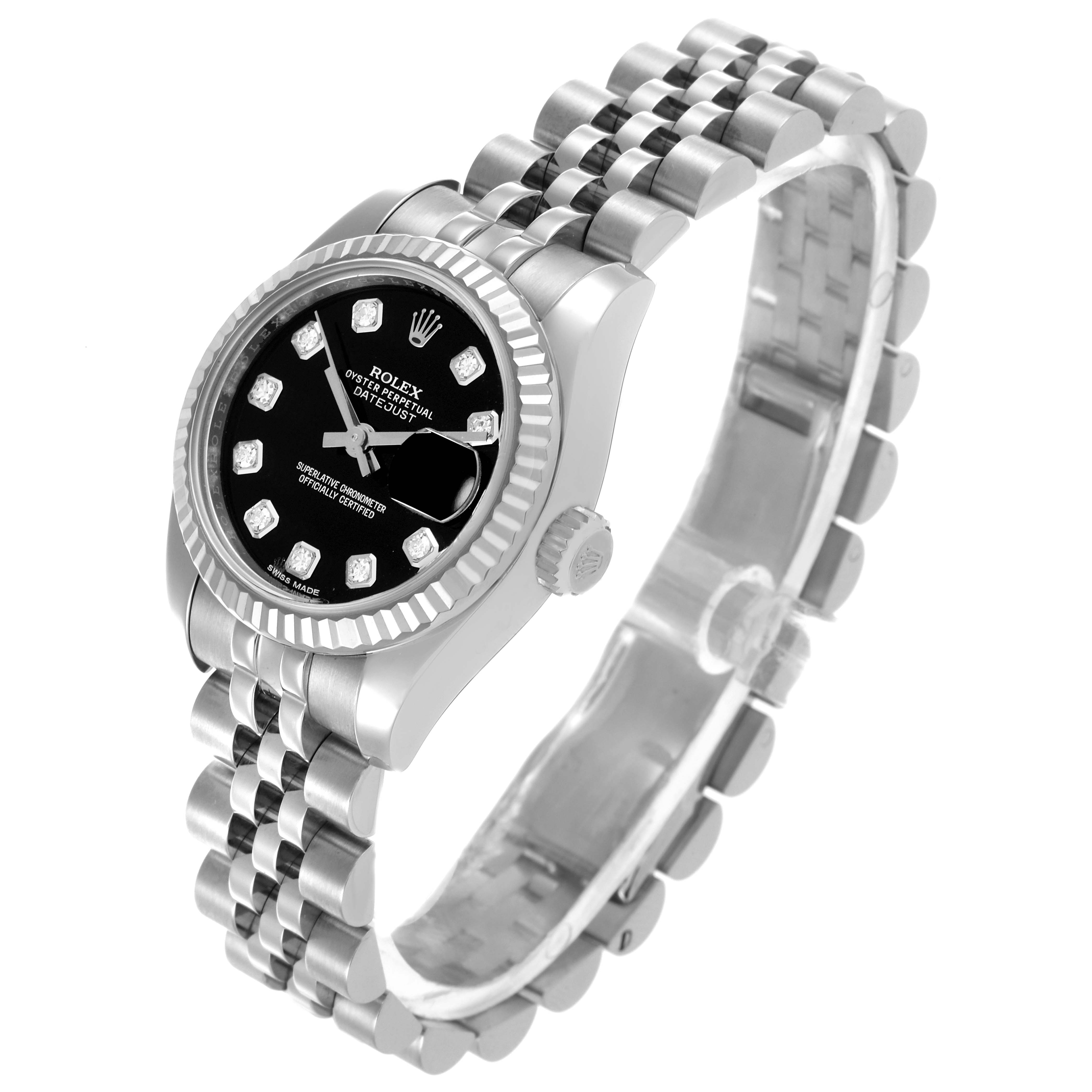 The Rolex Datejust 179174 Women's Stainless Steel Black Dial 179174 Women's Stainless Steel Black Dial watch is shown at a slight angle, highlighting the black dial, fluted bezel, and Jubilee bracelet.