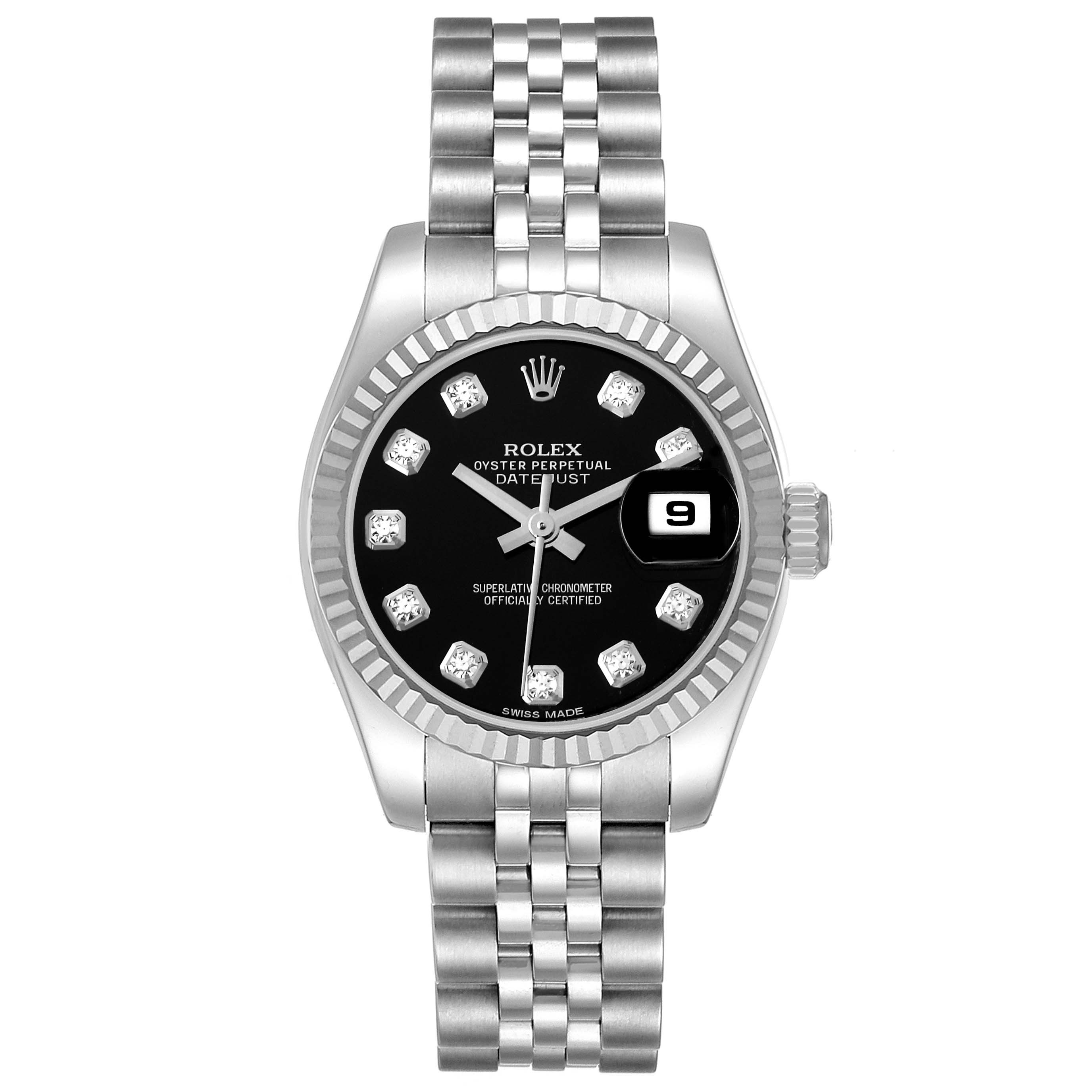 The Rolex Datejust 179174 Women's Stainless Steel Black Dial 179174 Women's Stainless Steel Black Dial watch is shown from a top-down angle, featuring its black dial, date display, and Jubilee bracelet.