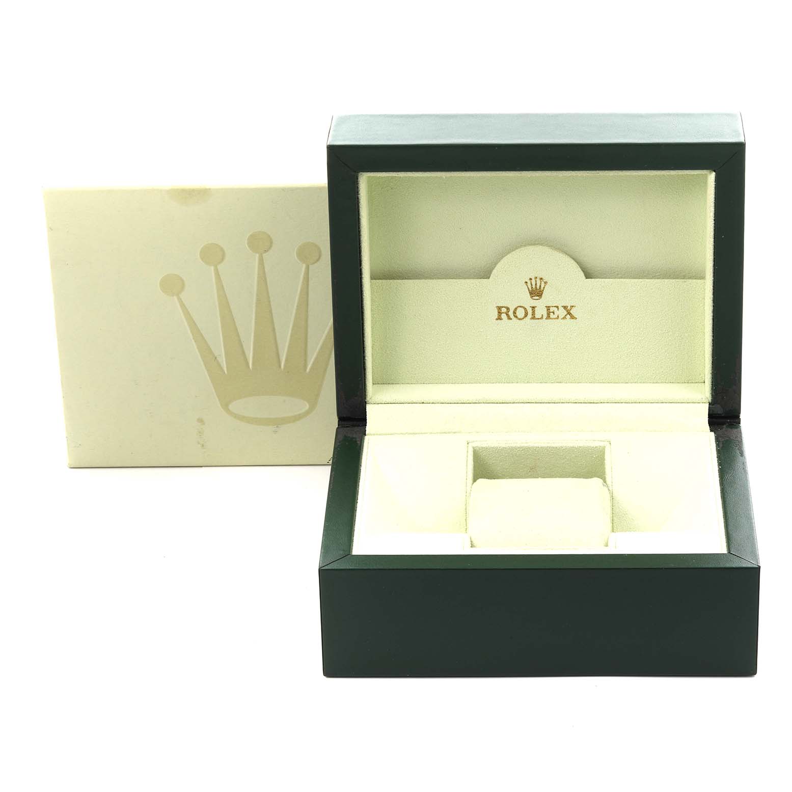 The image shows an open green Rolex Datejust 179174 Women's Stainless Steel Black Dial 179174 Women's Stainless Steel Black Dial box with the logo, revealing its cushion and inner compartment.