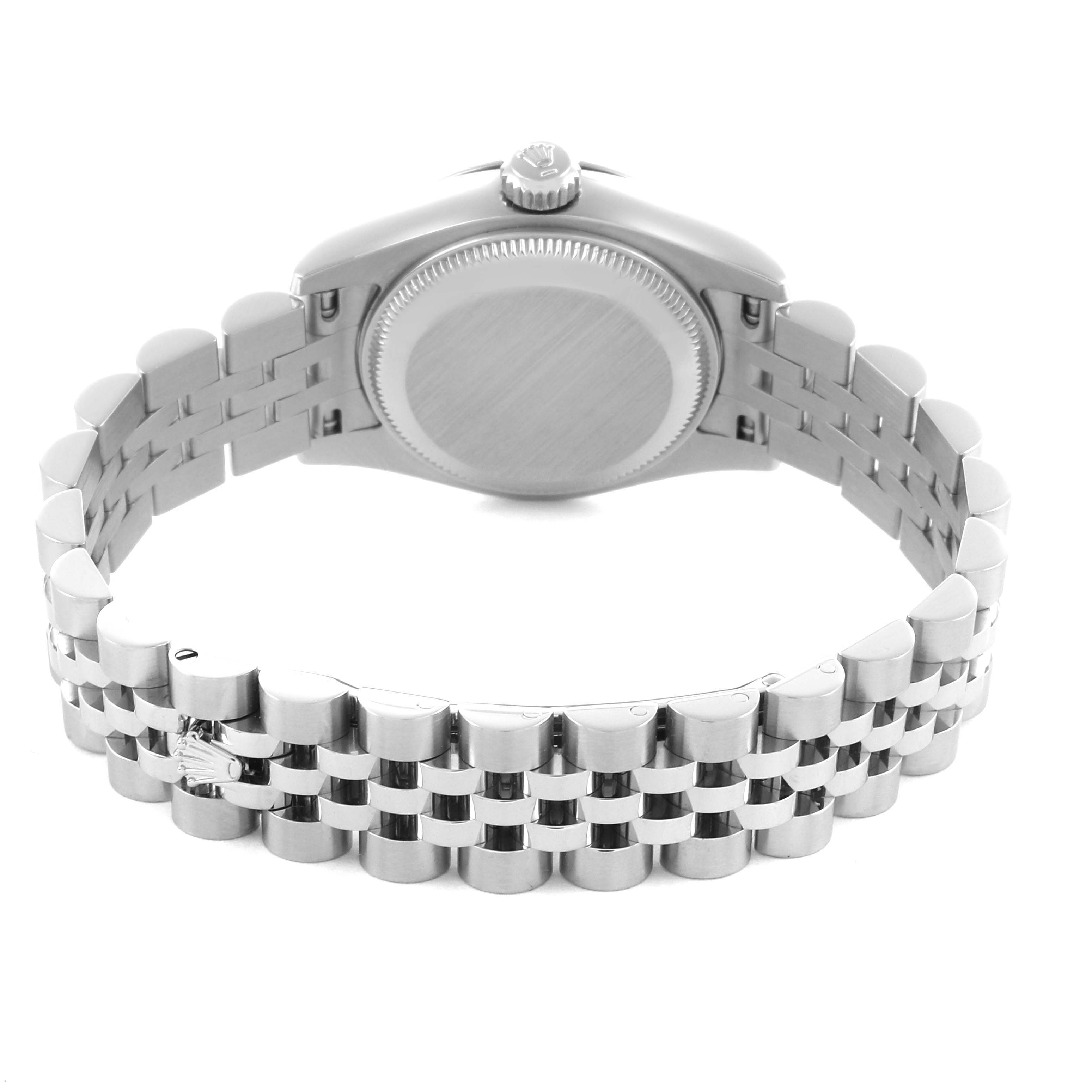 The Rolex Datejust 179174 Women's Stainless Steel Black Dial 179174 Women's Stainless Steel Black Dial is shown from the back, displaying the case back and bracelet with the crown and clasp visible.