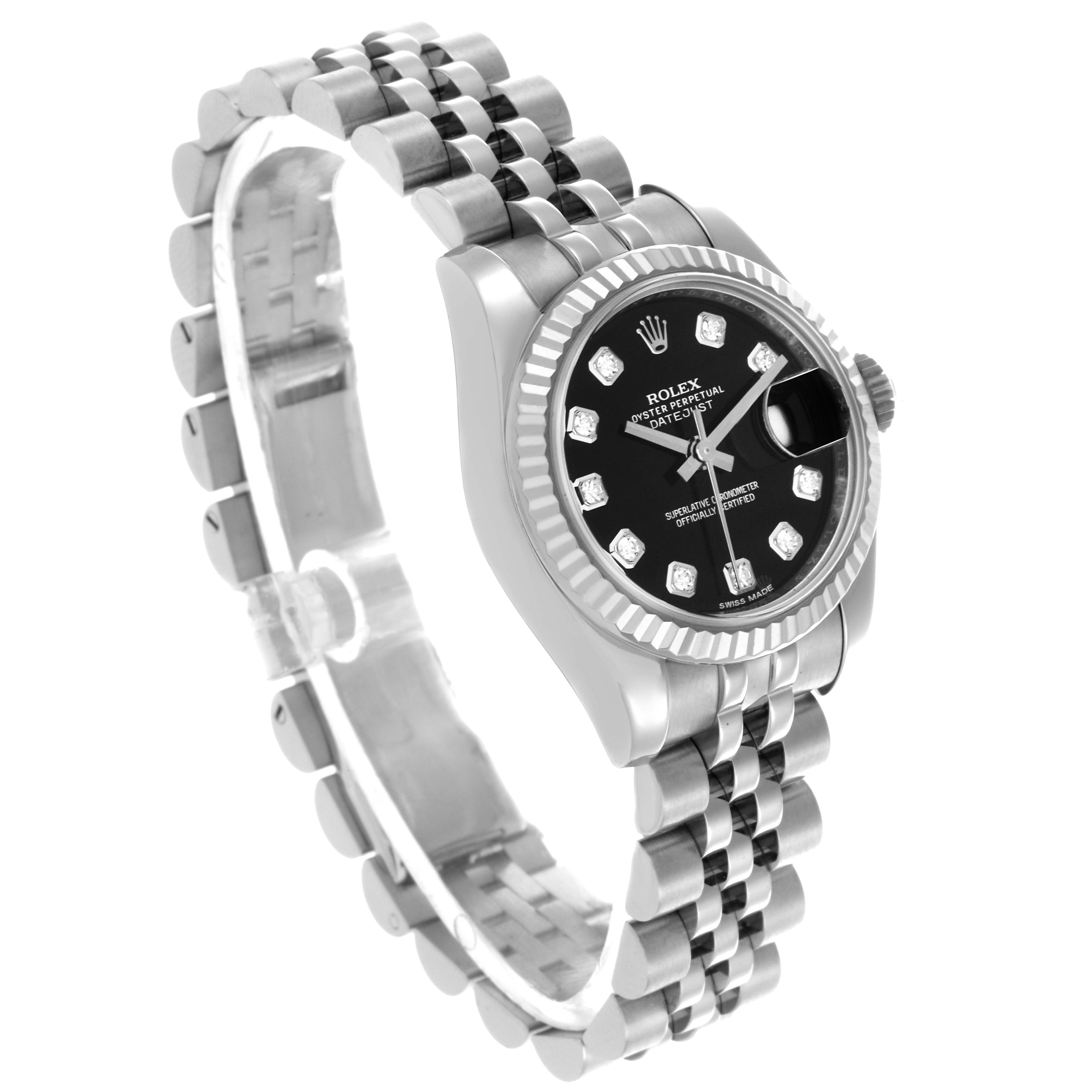 The Rolex Datejust 179174 Women's Stainless Steel Black Dial 179174 Women's Stainless Steel Black Dial watch is shown at a three-quarter angle, highlighting the face, bezel, and bracelet.