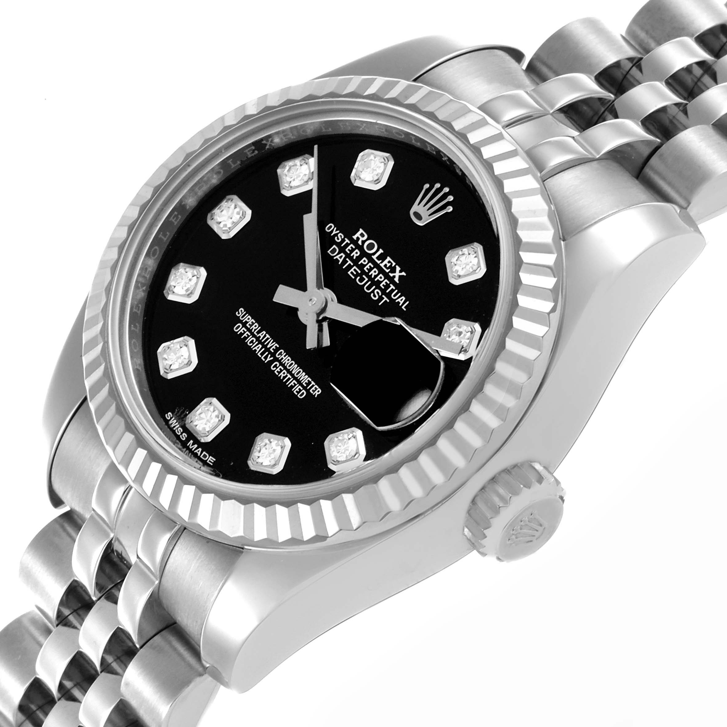 The Rolex Datejust 179174 Women's Stainless Steel Black Dial 179174 Women's Stainless Steel Black Dial watch is shown at an angle highlighting the dial, fluted bezel, crown, and bracelet.