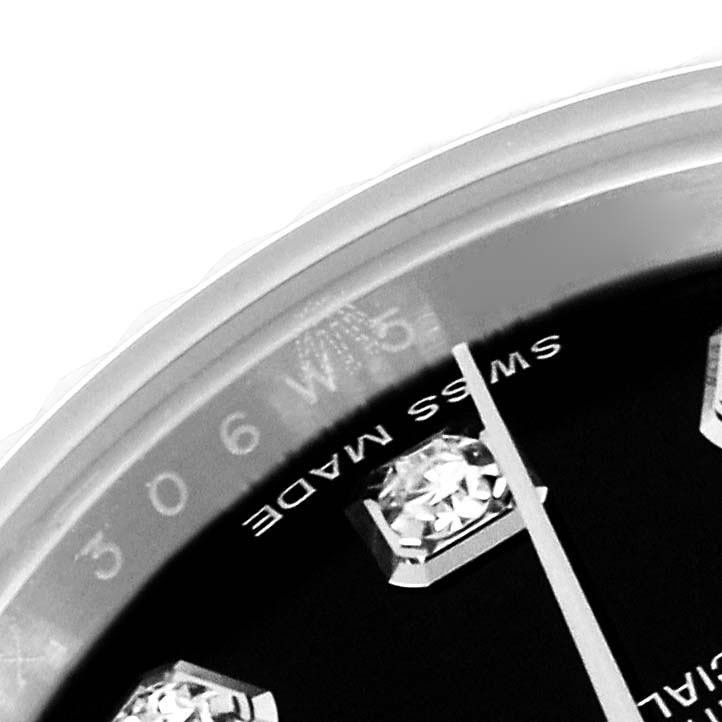 The image shows a close-up of the dial and bezel edge of a Rolex Datejust 179174 Women's Stainless Steel Black Dial 179174 Women's Stainless Steel Black Dial, highlighting diamond hour markers.
