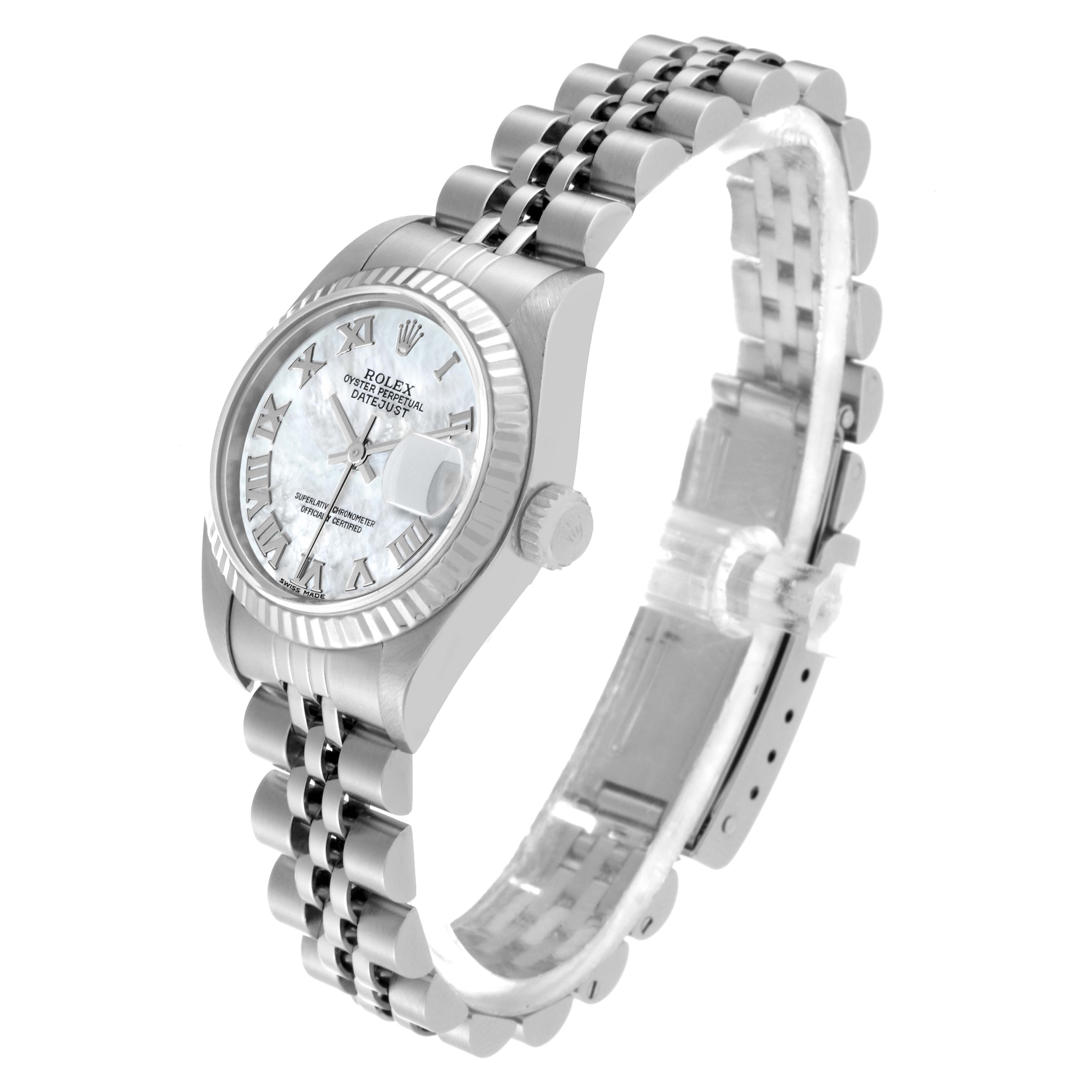 This image shows a side view of a Rolex Datejust 79174 Women's Stainless Steel Mother of Pearl Dial 79174 Women's Stainless Steel Mother of Pearl Dial watch, featuring its case, bezel, dial, and bracelet.