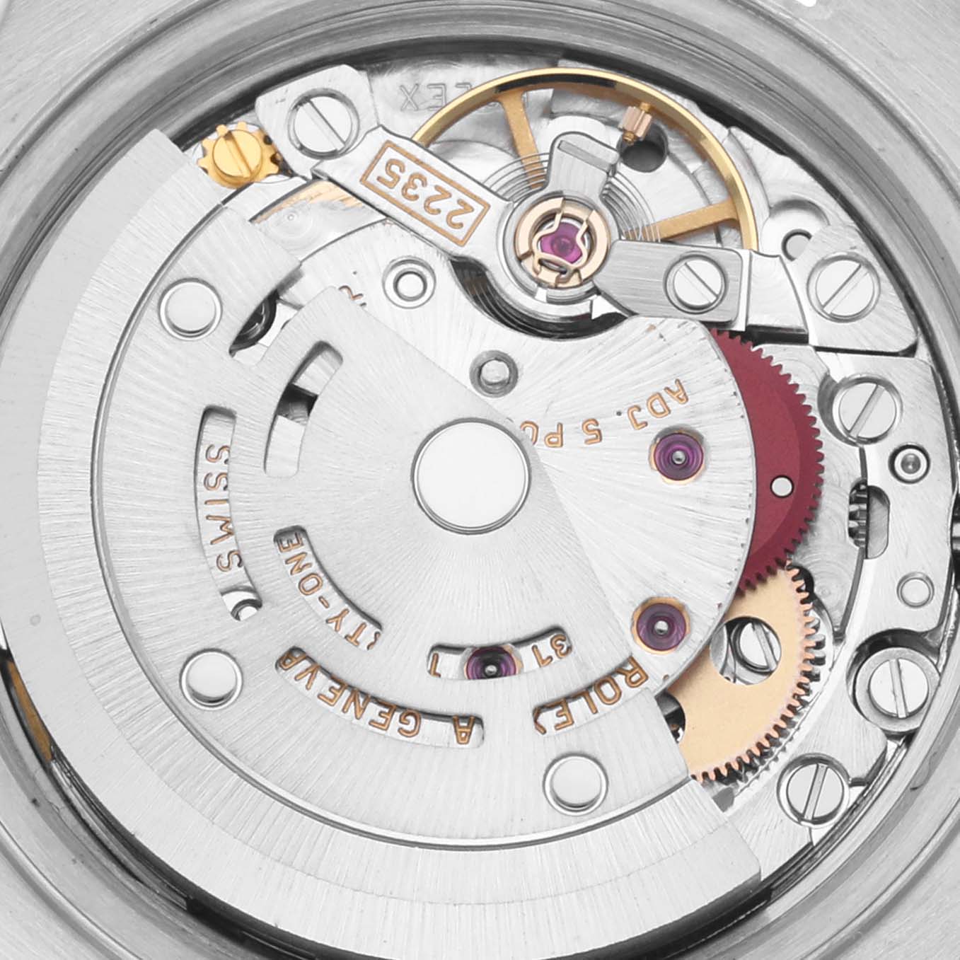 The image shows a close-up view of the movement mechanism of a Rolex Datejust 79174 Women's Stainless Steel Mother of Pearl Dial 79174 Women's Stainless Steel Mother of Pearl Dial watch.