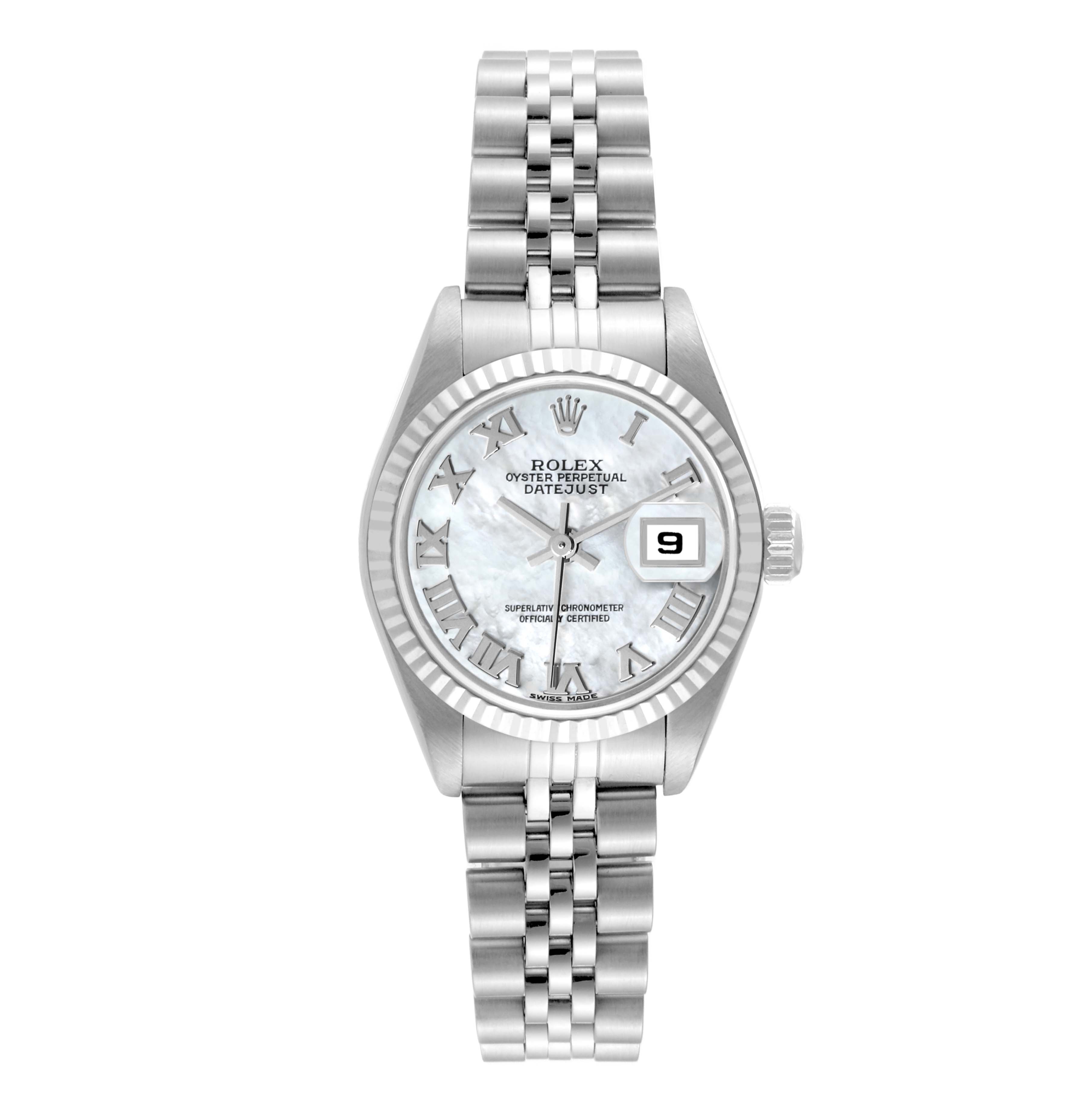 The image shows a front view of a Rolex Datejust 79174 Women's Stainless Steel Mother of Pearl Dial 79174 Women's Stainless Steel Mother of Pearl Dial watch, displaying the dial, bezel, bracelet, and crown.