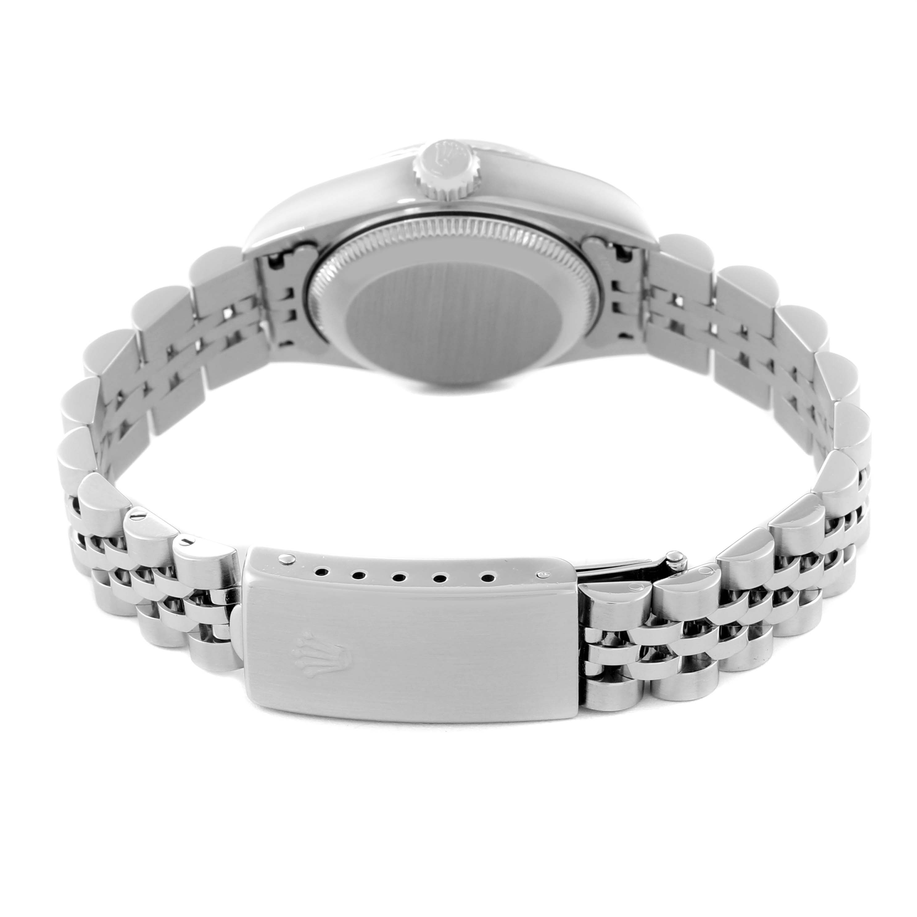 This image shows the back view of a Rolex Datejust 79174 Women's Stainless Steel Mother of Pearl Dial 79174 Women's Stainless Steel Mother of Pearl Dial watch, focusing on the clasp and bracelet.