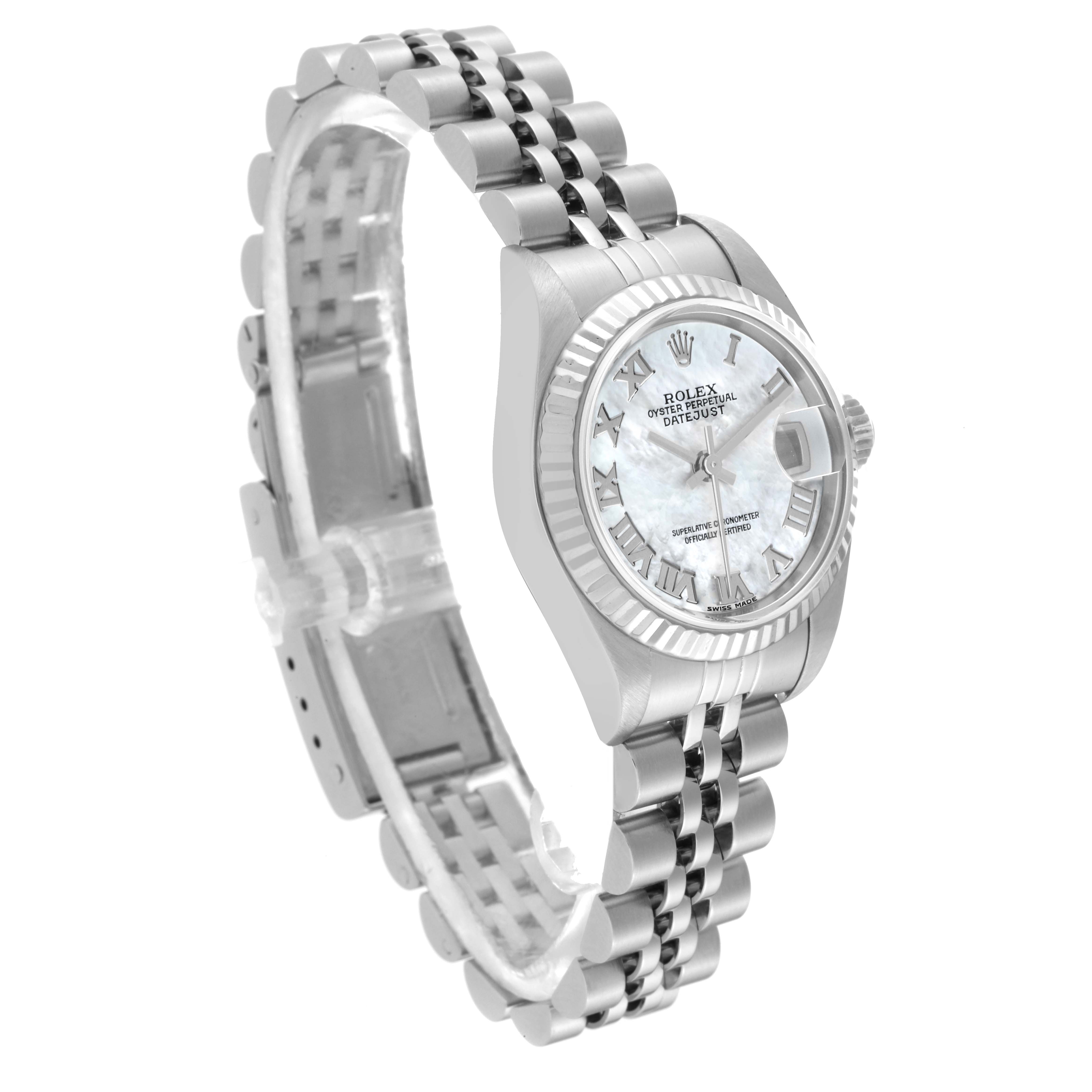 The Rolex Datejust 79174 Women's Stainless Steel Mother of Pearl Dial 79174 Women's Stainless Steel Mother of Pearl Dial watch is shown at a three-quarter angle displaying the bracelet, dial, case, and bezel.