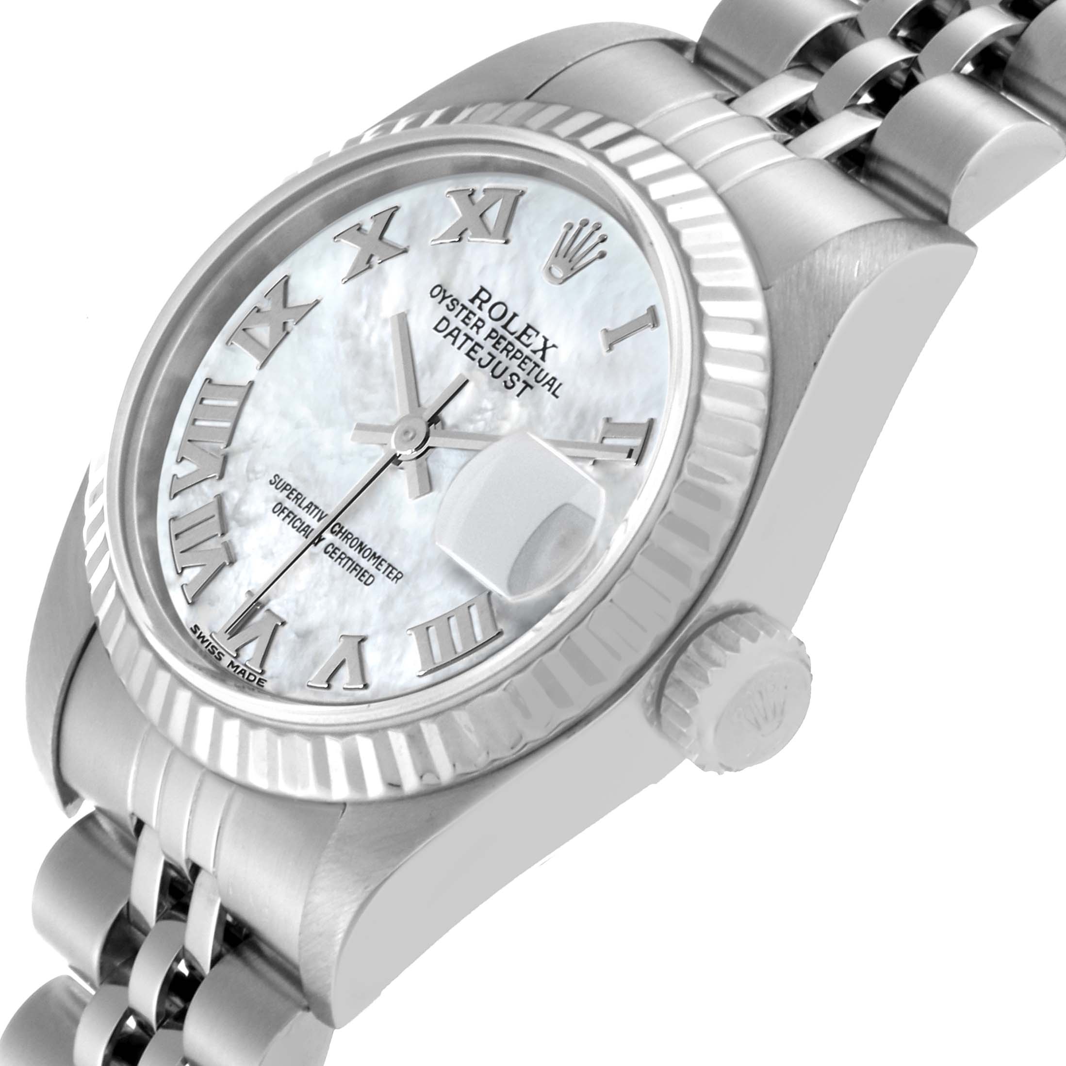The image shows a close-up angle of the Rolex Datejust 79174 Women's Stainless Steel Mother of Pearl Dial 79174 Women's Stainless Steel Mother of Pearl Dial watch, highlighting the face, bezel, crown, and part of the bracelet.