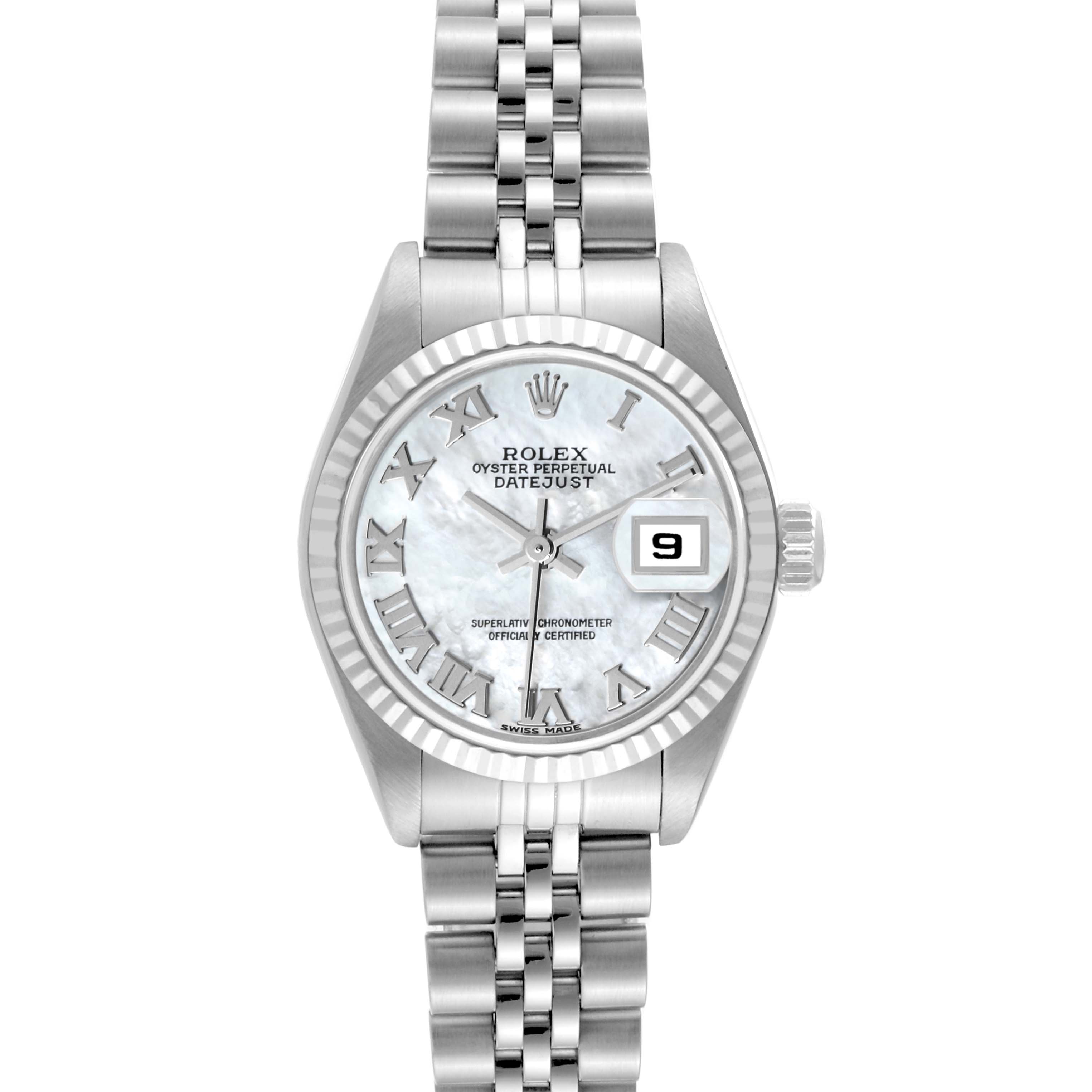 This image shows a front view of the Rolex Datejust 79174 Women's Stainless Steel Mother of Pearl Dial 79174 Women's Stainless Steel Mother of Pearl Dial watch, highlighting its face, bezel, and bracelet.