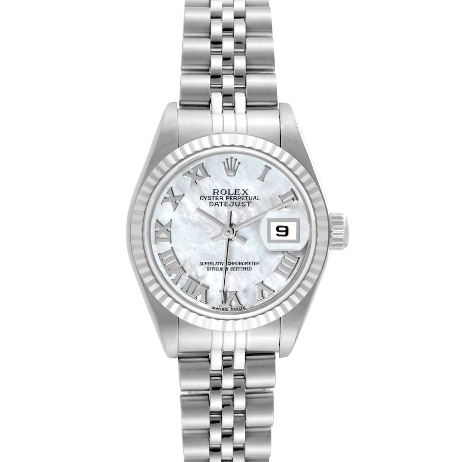 This image shows a front view of the Rolex Datejust 79174 Women's Stainless Steel Mother of Pearl Dial 79174 Women's Stainless Steel Mother of Pearl Dial watch, highlighting its face, bezel, and bracelet.