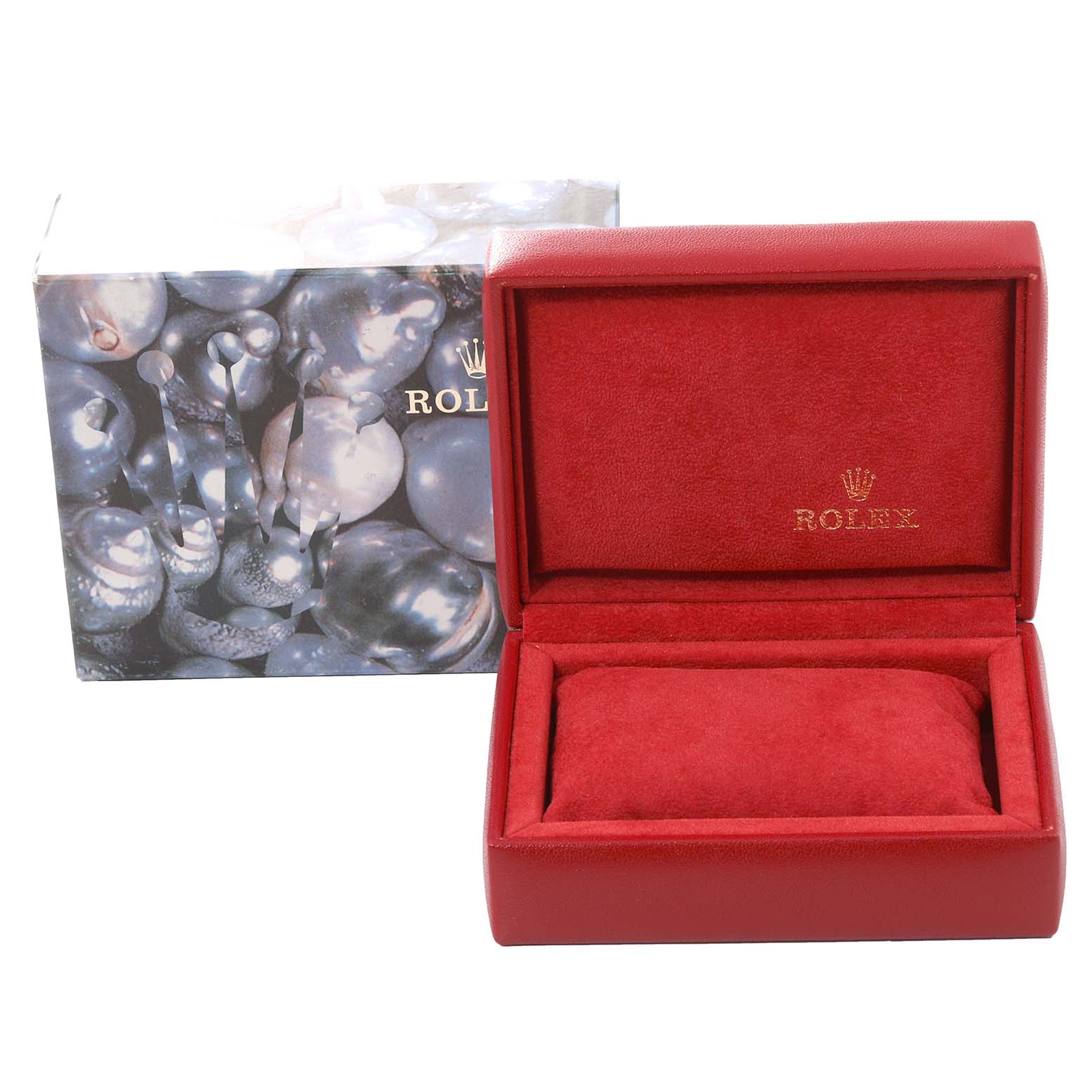 This image shows a red Rolex Datejust 79174 Women's Stainless Steel Mother of Pearl Dial 79174 Women's Stainless Steel Mother of Pearl Dial watch box with its outer decorative packaging.