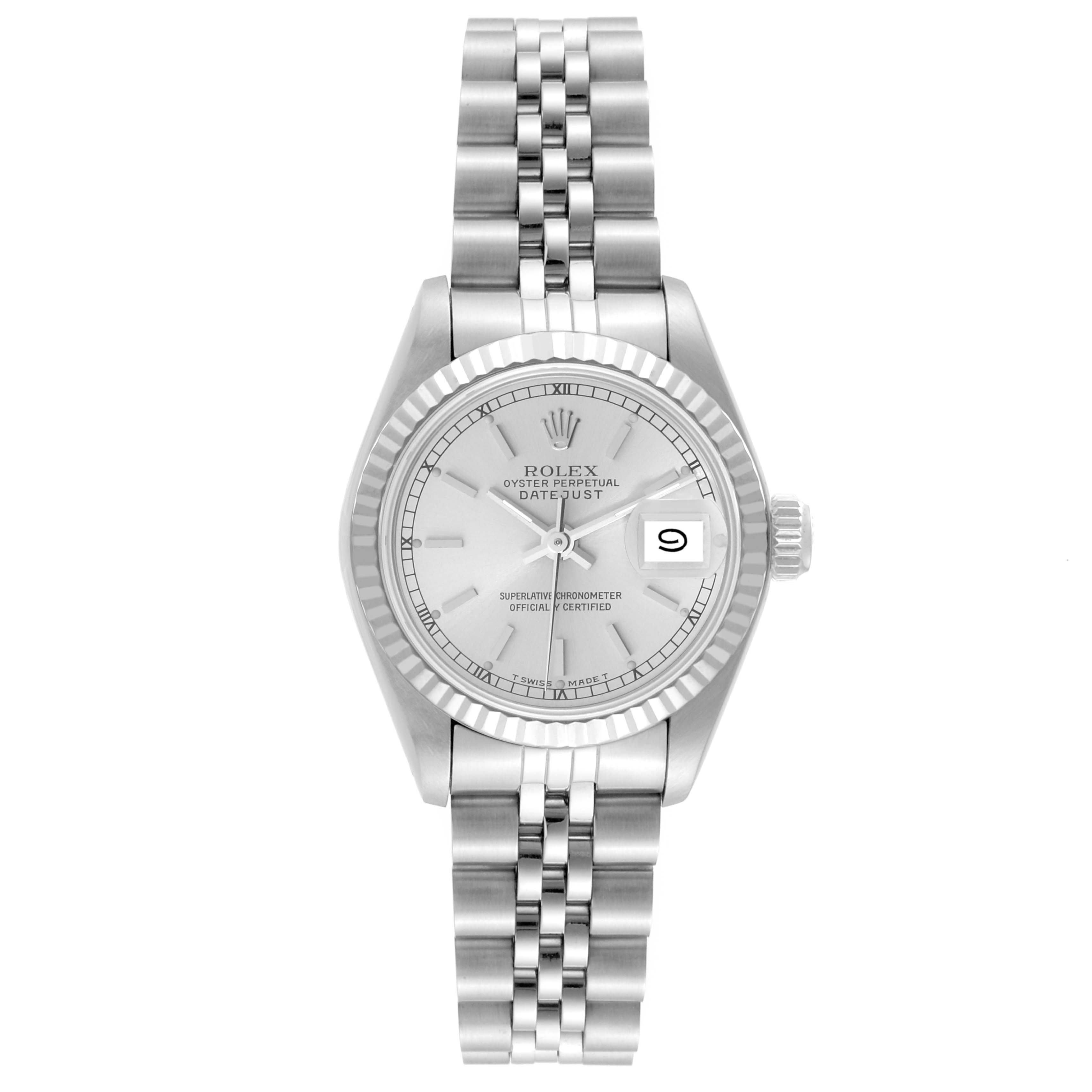 The image shows a front view of a Rolex Datejust 69174 Women's Stainless Steel Silver Dial 69174 Women's Stainless Steel Silver Dial watch, highlighting the dial, bezel, crown, and bracelet.