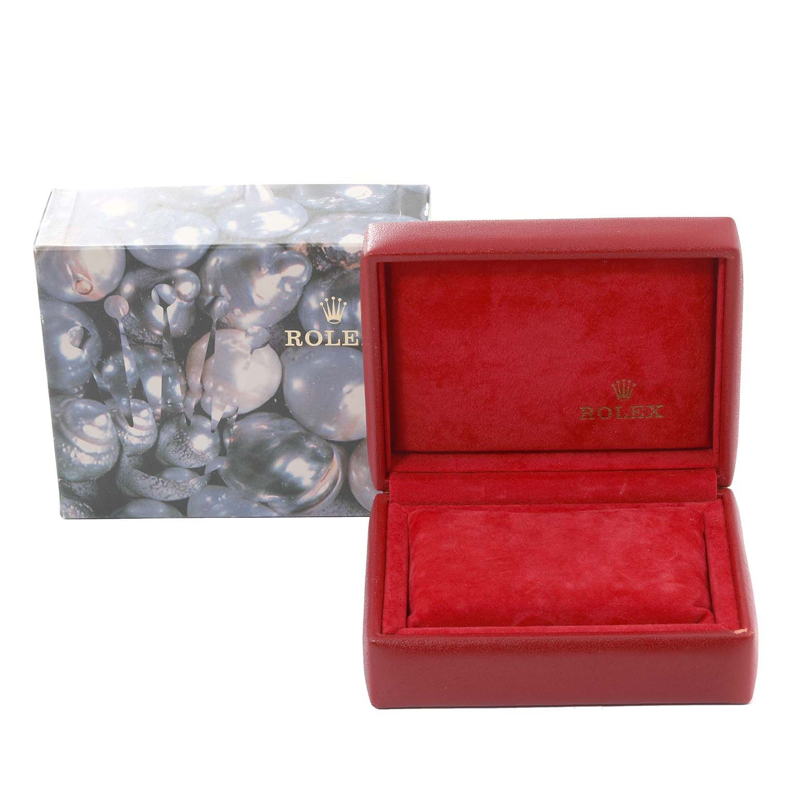 The image shows a red Rolex Datejust 69174 Women's Stainless Steel Silver Dial 69174 Women's Stainless Steel Silver Dial watch case with an open lid next to its outer box with a pearl-like design.