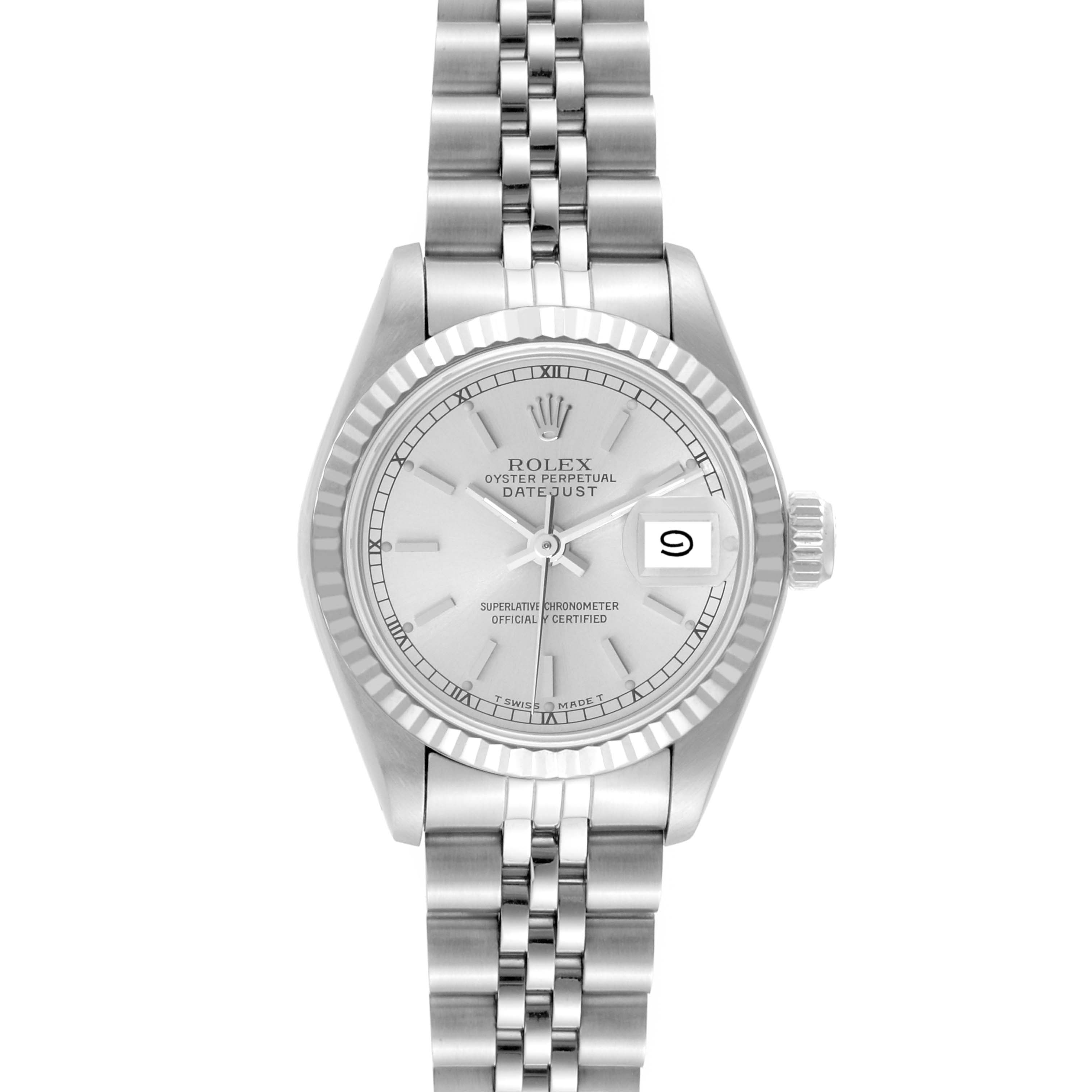 The image shows a front view of a Rolex Datejust 69174 Women's Stainless Steel Silver Dial 69174 Women's Stainless Steel Silver Dial watch, showcasing the face, date window, bezel, and Jubilee bracelet.