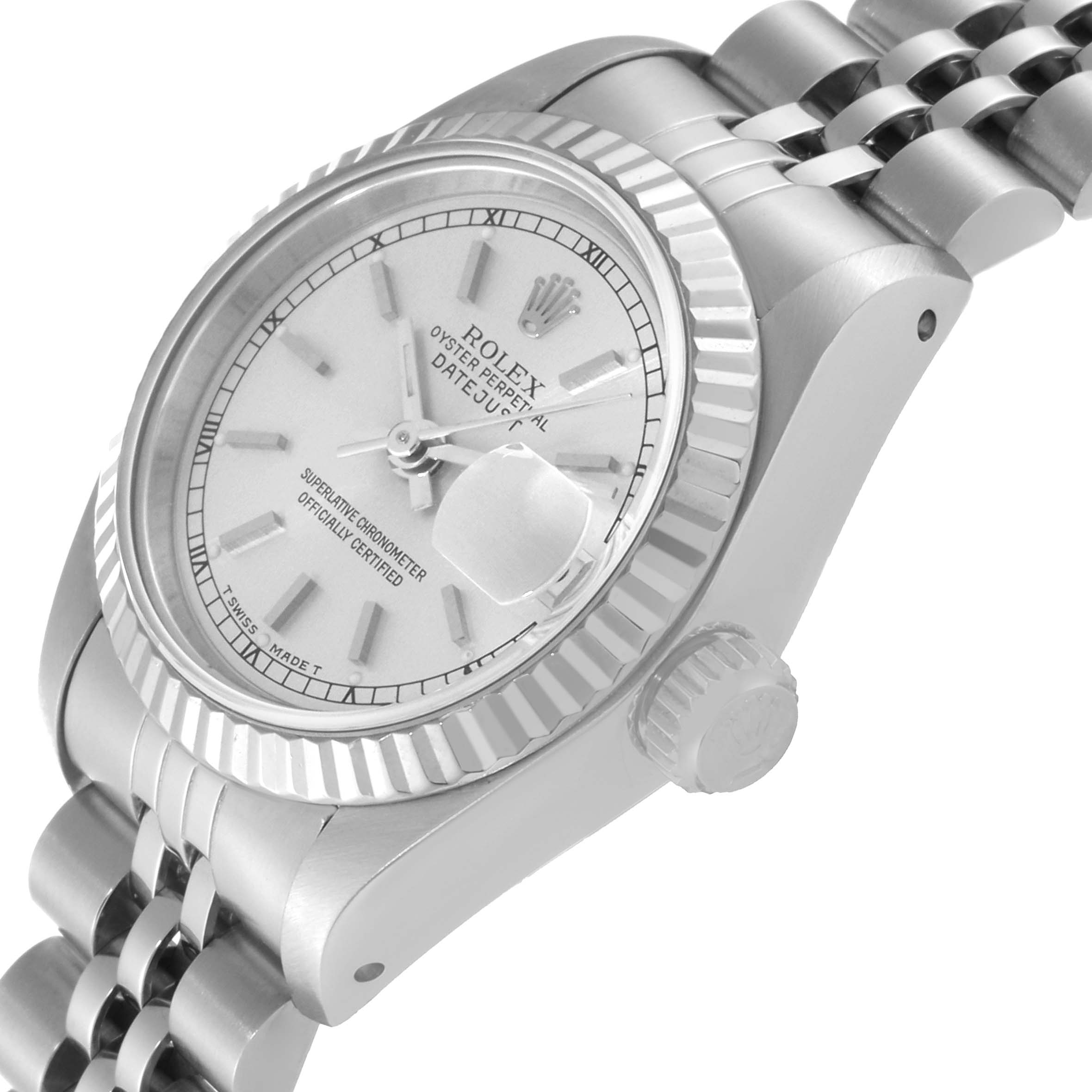 The image shows a side angle of the Rolex Datejust 69174 Women's Stainless Steel Silver Dial 69174 Women's Stainless Steel Silver Dial watch, focusing on the dial, fluted bezel, crown, and part of the bracelet.