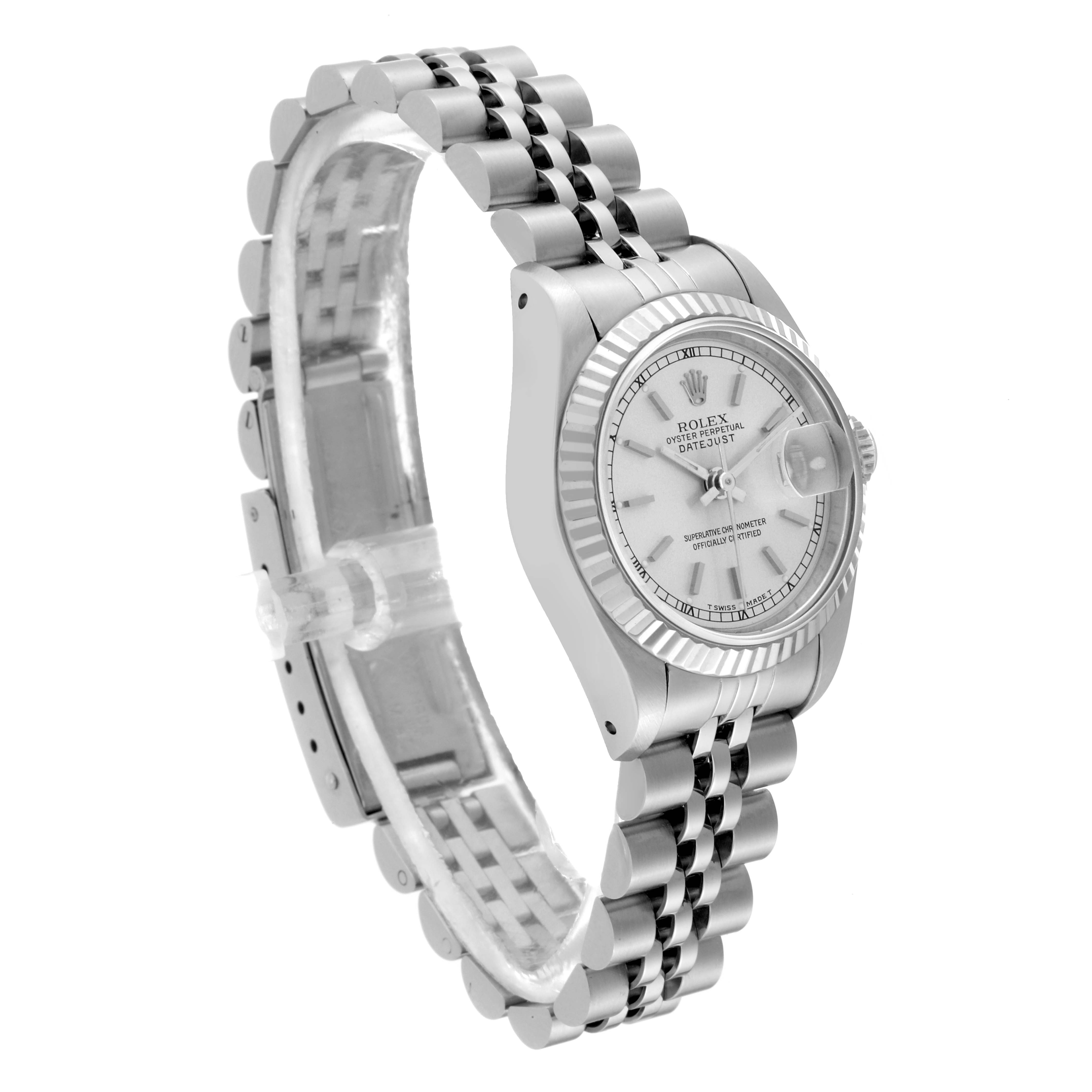 This image shows a Rolex Datejust 69174 Women's Stainless Steel Silver Dial 69174 Women's Stainless Steel Silver Dial watch angled from the front left, highlighting the face, bezel, and part of the bracelet.