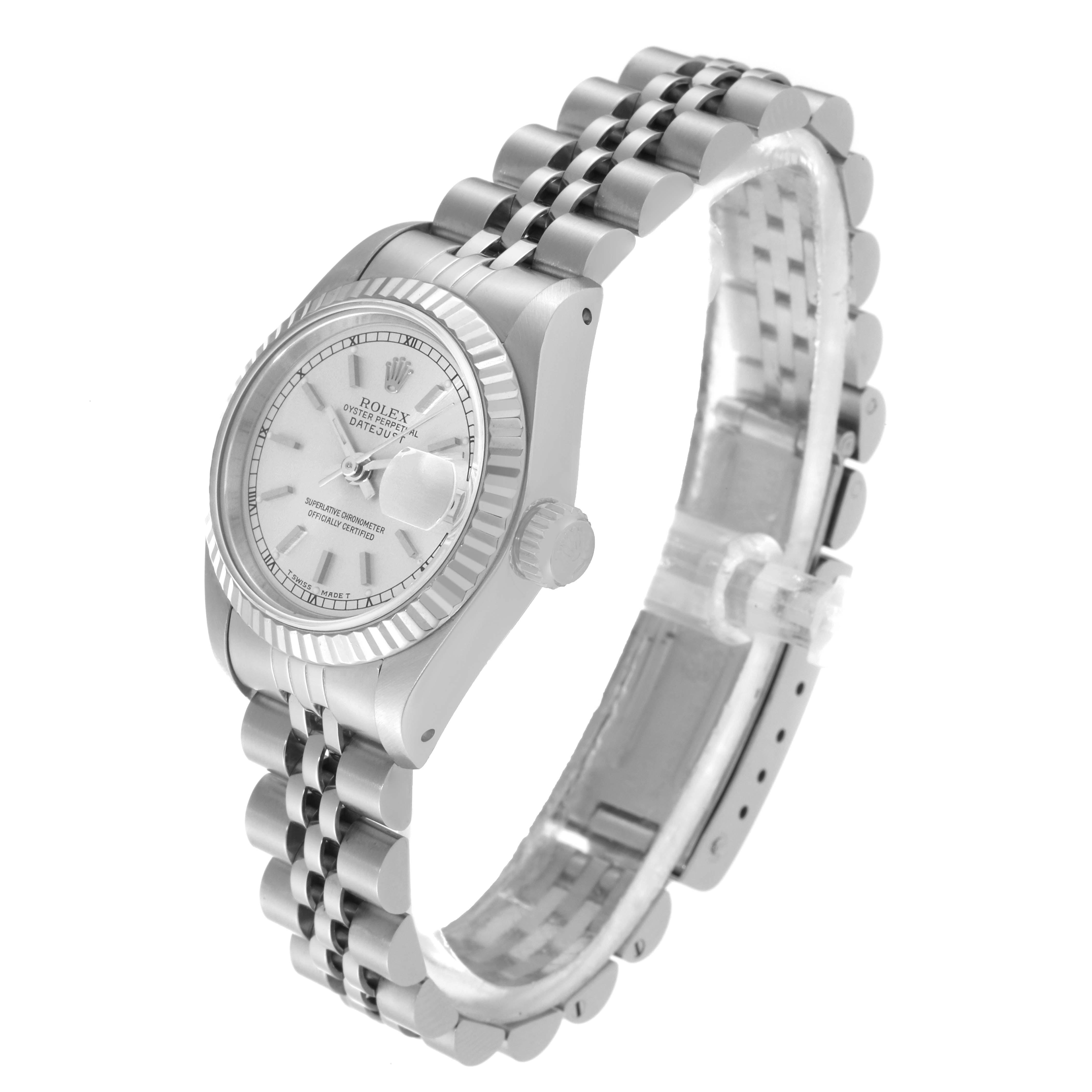 This Rolex Datejust 69174 Women's Stainless Steel Silver Dial 69174 Women's Stainless Steel Silver Dial watch is shown at a three-quarter angle highlighting the face, bezel, crown, and bracelet.