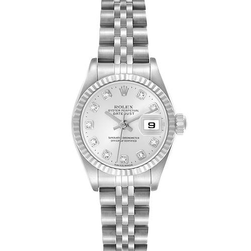 The Rolex Datejust 79174 Women's Stainless Steel Silver Dial 79174 Women's Stainless Steel Silver Dial watch is shown from a top angle, featuring the dial, bezel, crown, and part of the bracelet.