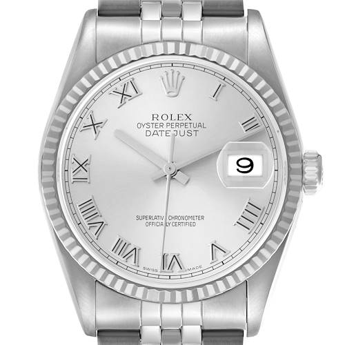 The image shows a Rolex Datejust 16234 Men's Steel and Gold (two tone) Silver Dial 16234 Men's Steel and Gold (two tone) Silver Dial watch from a front angle, highlighting the dial, bezel, bracelet, and date magnifier.