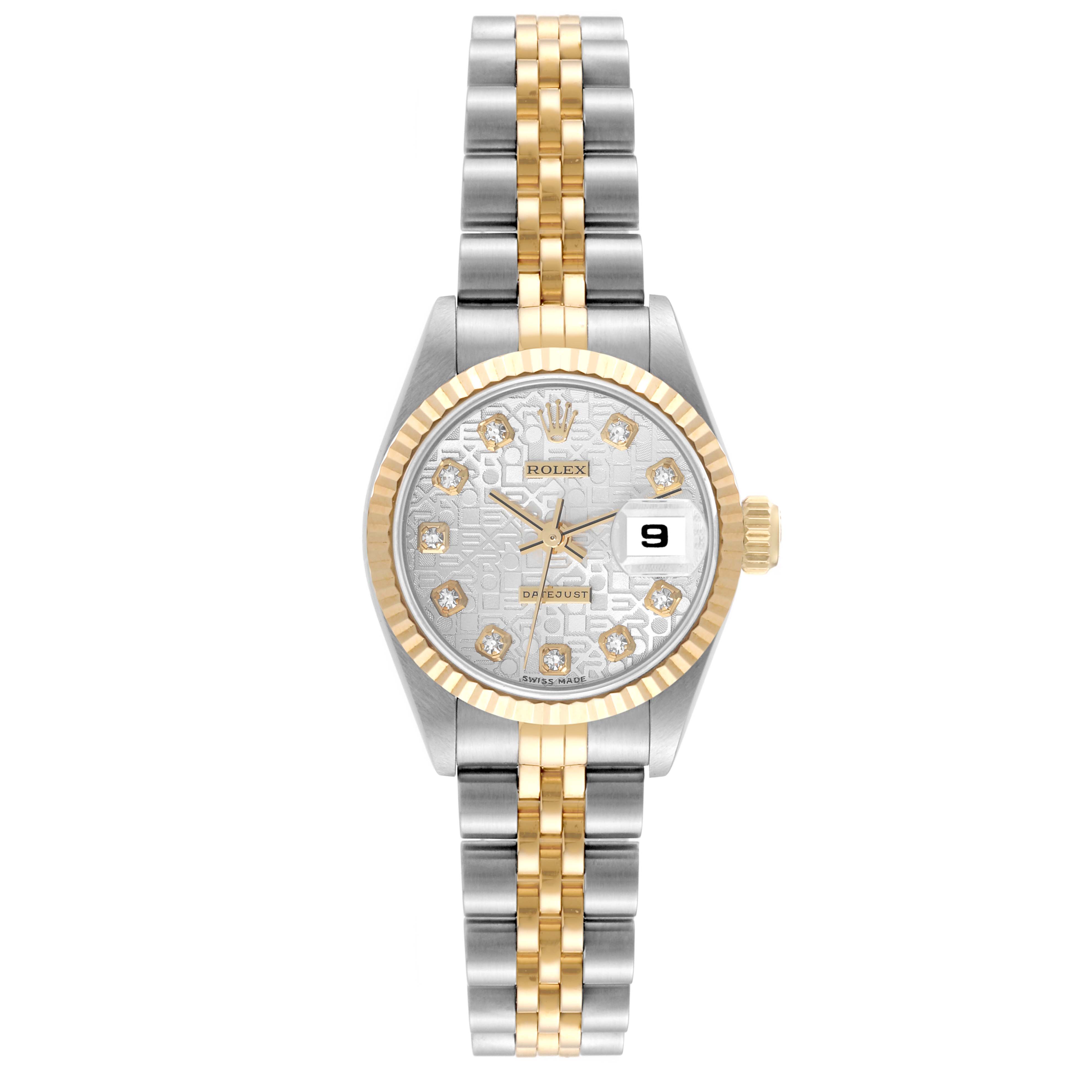 This image shows a Rolex Datejust 69173 Women's Steel and Gold (two tone) Silver Dial 69173 Women's Steel and Gold (two tone) Silver Dial watch from a front view, highlighting the dial, bezel, and bracelet.