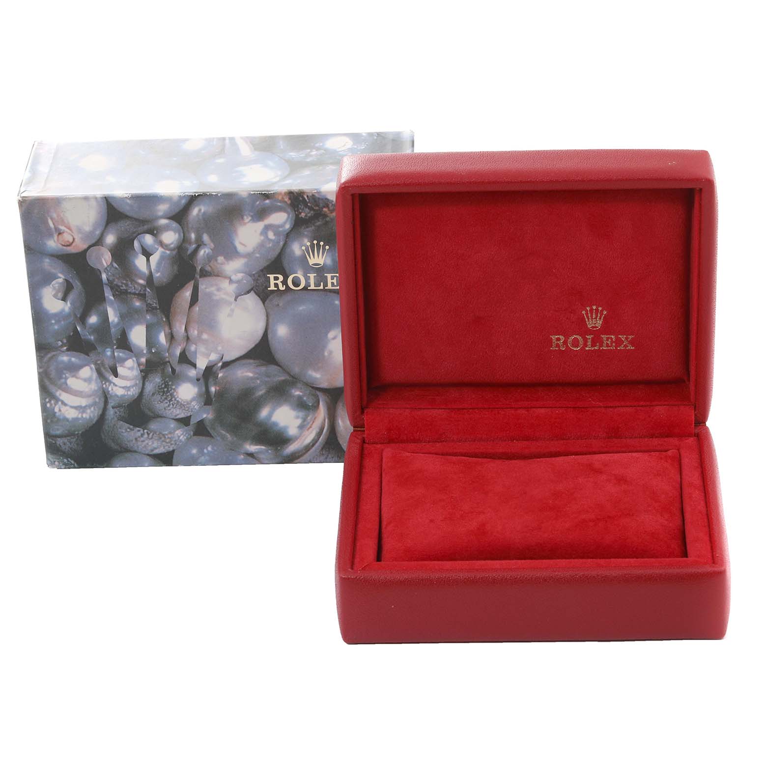 The image shows an open Rolex watch box with "Rolex" branding, and its external packaging for the Datejust model.