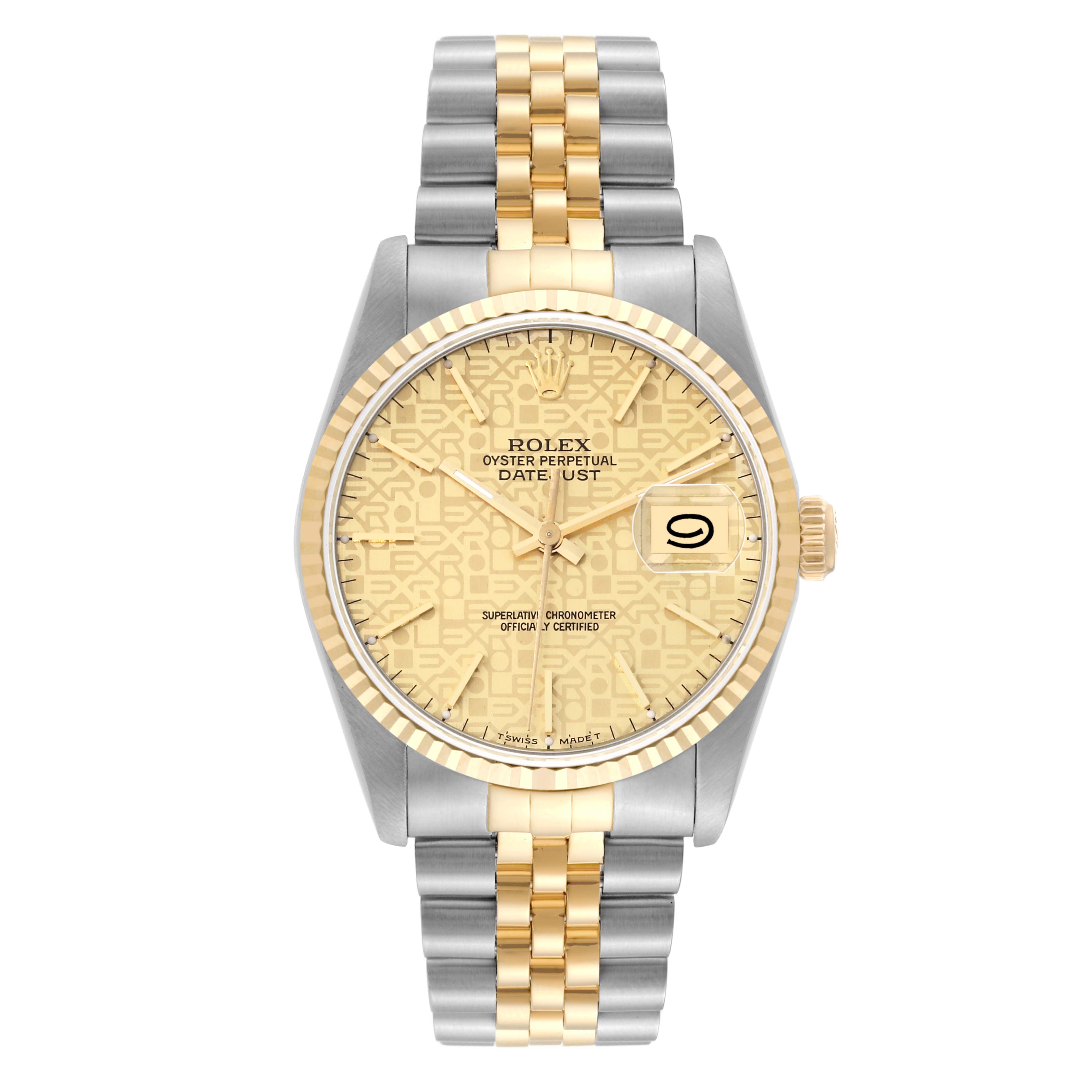 The Rolex Datejust 16233 Men's Steel and Gold (two tone) Champagne Dial 16233 Men's Steel and Gold (two tone) Champagne Dial watch is shown from a front angle, highlighting its dial, case, bezel, and jubilee bracelet.