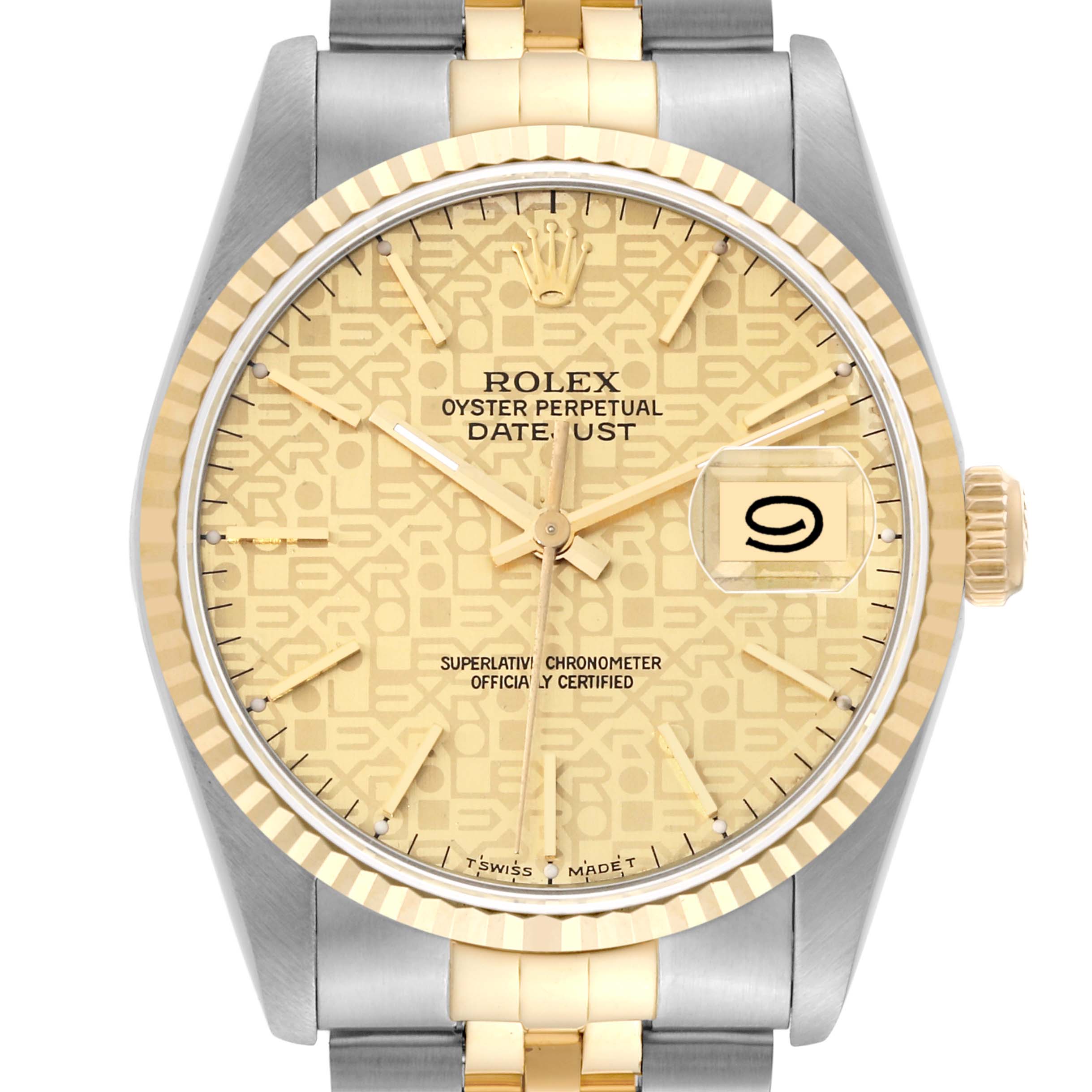 The image shows a front angle of the Rolex Datejust 16233 Men's Steel and Gold (two tone) Champagne Dial 16233 Men's Steel and Gold (two tone) Champagne Dial watch, highlighting its dial, hands, date window, and part of the bracelet.