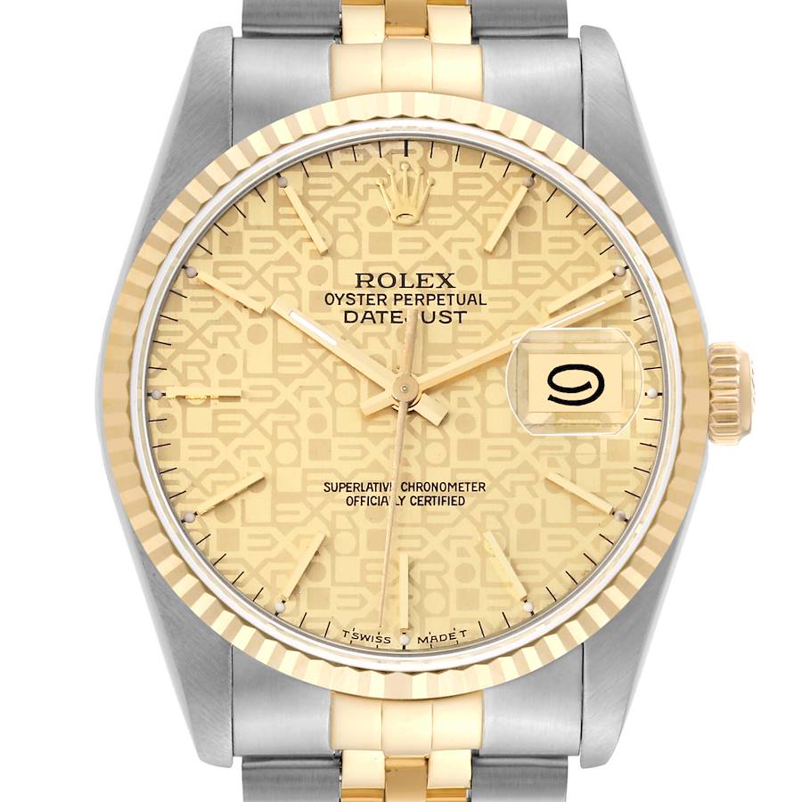 The image shows a front angle of the Rolex Datejust 16233 Men's Steel and Gold (two tone) Champagne Dial 16233 Men's Steel and Gold (two tone) Champagne Dial watch, highlighting its dial, hands, date window, and part of the bracelet.