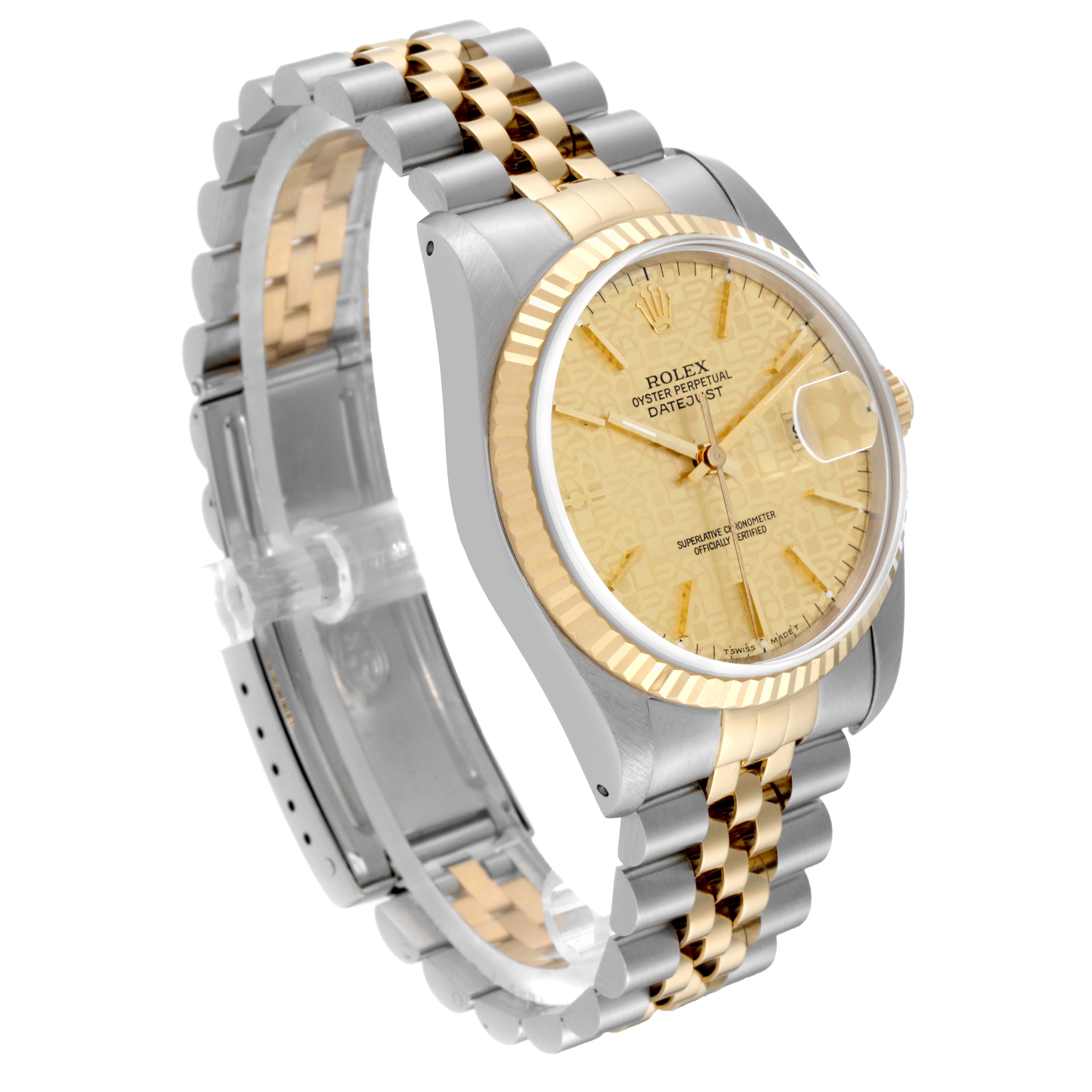 The Rolex Datejust 16233 Men's Steel and Gold (two tone) Champagne Dial 16233 Men's Steel and Gold (two tone) Champagne Dial watch is shown at an angle, displaying the face, bezel, and two-tone bracelet.
