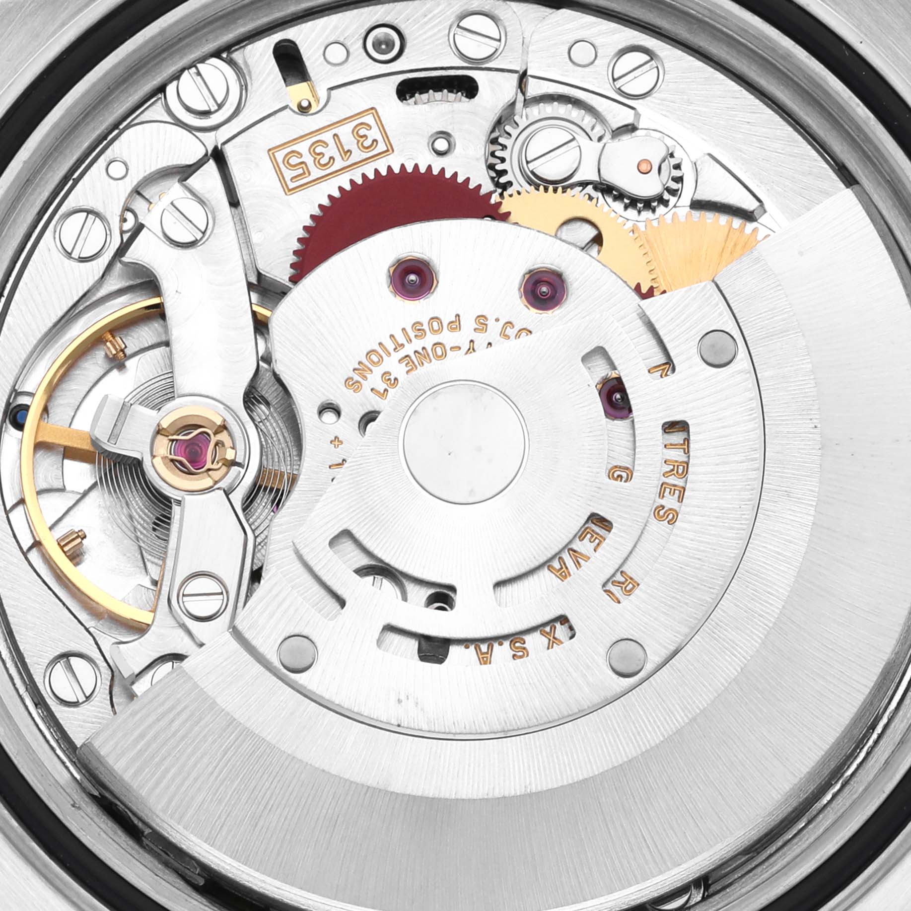 This image shows a close-up view of the movement inside a Rolex Datejust 16233 Men's Steel and Gold (two tone) Champagne Dial 16233 Men's Steel and Gold (two tone) Champagne Dial watch.
