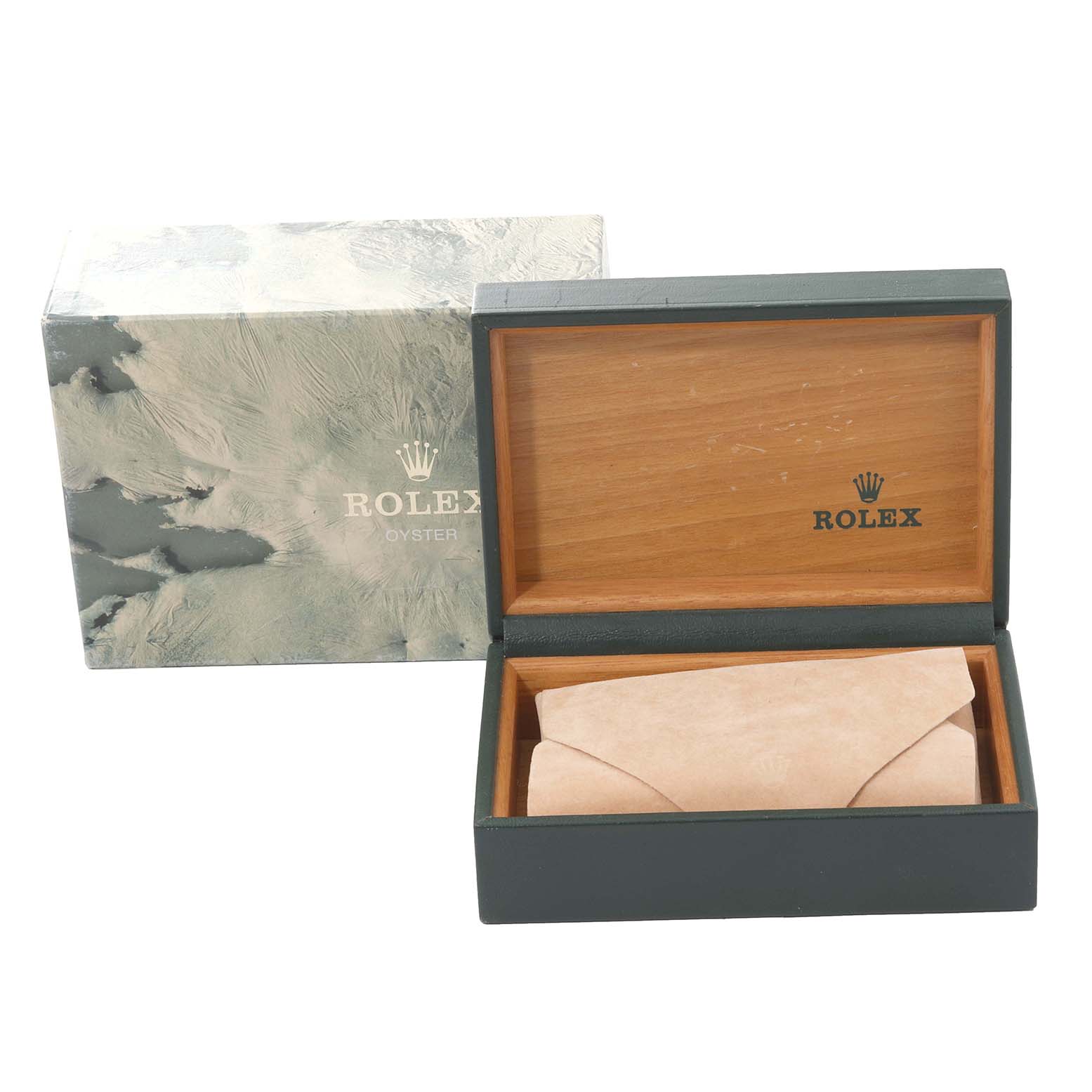 The image shows a Rolex Datejust 16233 Men's Steel and Gold (two tone) Champagne Dial 16233 Men's Steel and Gold (two tone) Champagne Dial watch box and its outer packaging, with the box open and an inner pouch visible.