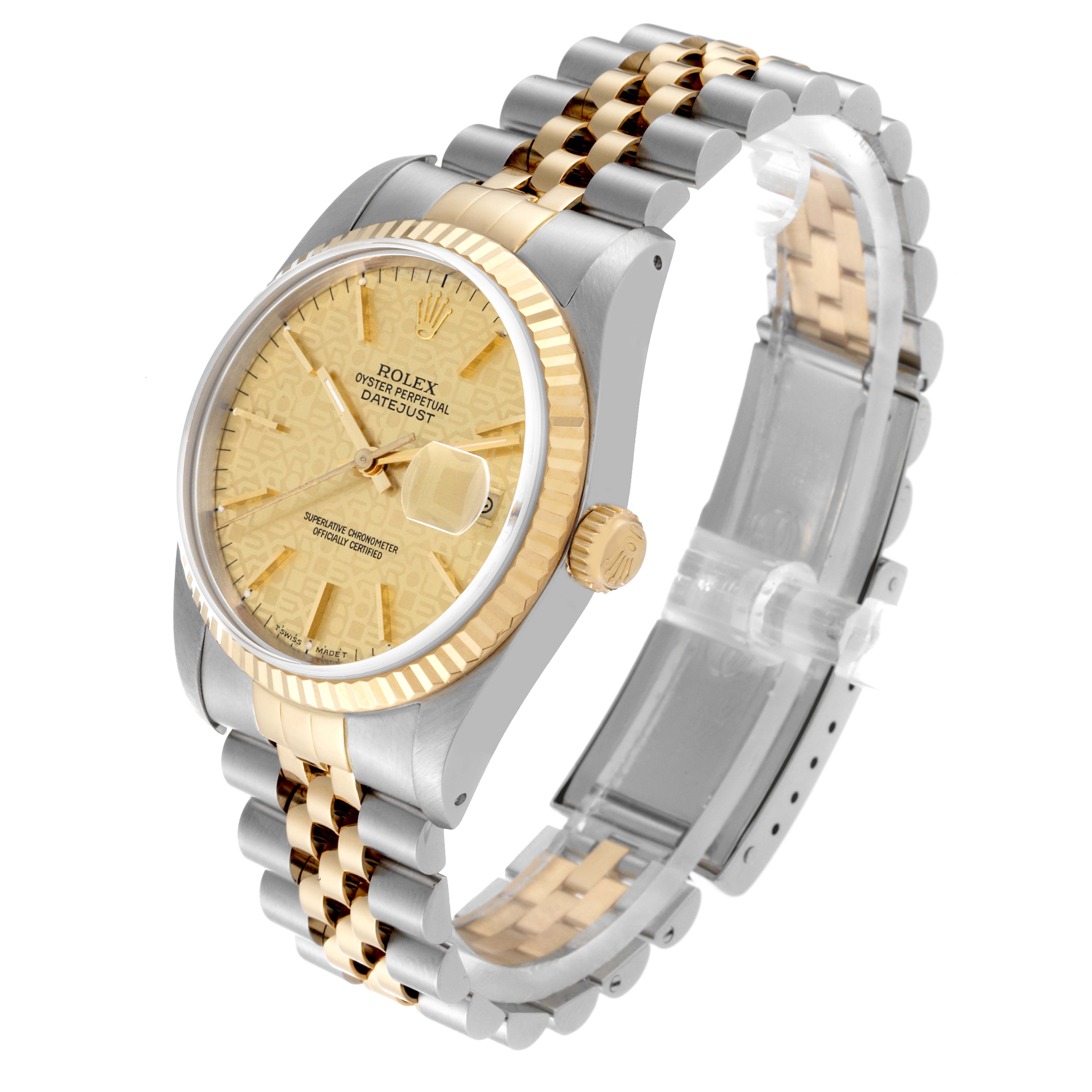 This image shows a Rolex Datejust 16233 Men's Steel and Gold (two tone) Champagne Dial 16233 Men's Steel and Gold (two tone) Champagne Dial watch at a three-quarter angle, highlighting the dial, bezel, crown, and bracelet.