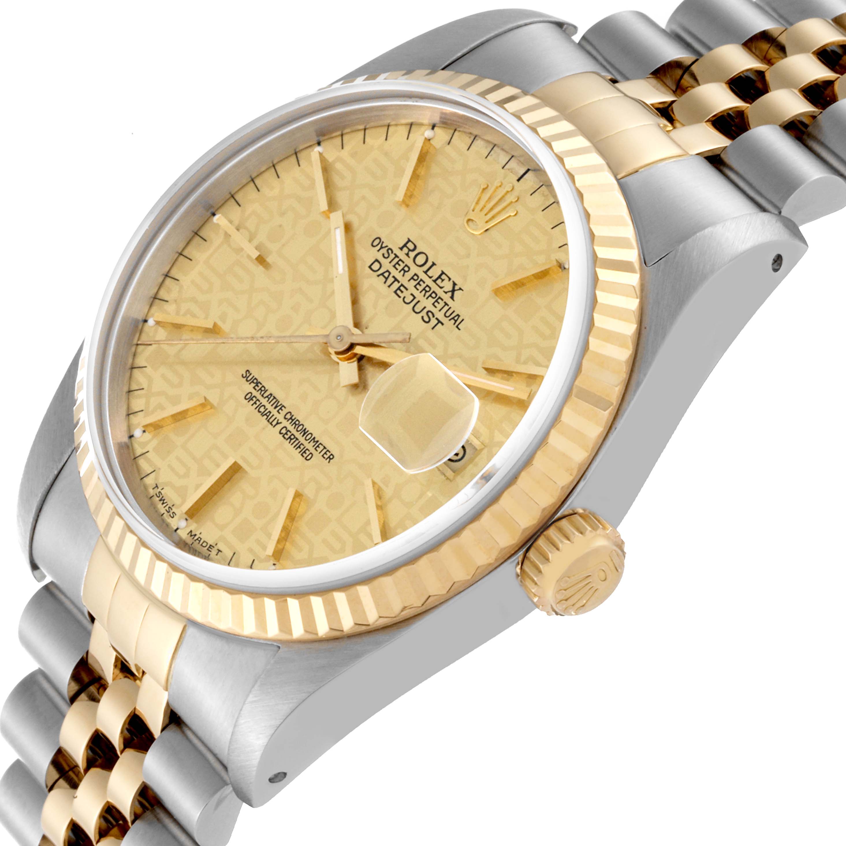 The image shows a close-up angled side view of the Rolex Datejust 16233 Men's Steel and Gold (two tone) Champagne Dial 16233 Men's Steel and Gold (two tone) Champagne Dial watch highlighting the bezel, dial, crown, and part of the bracelet.
