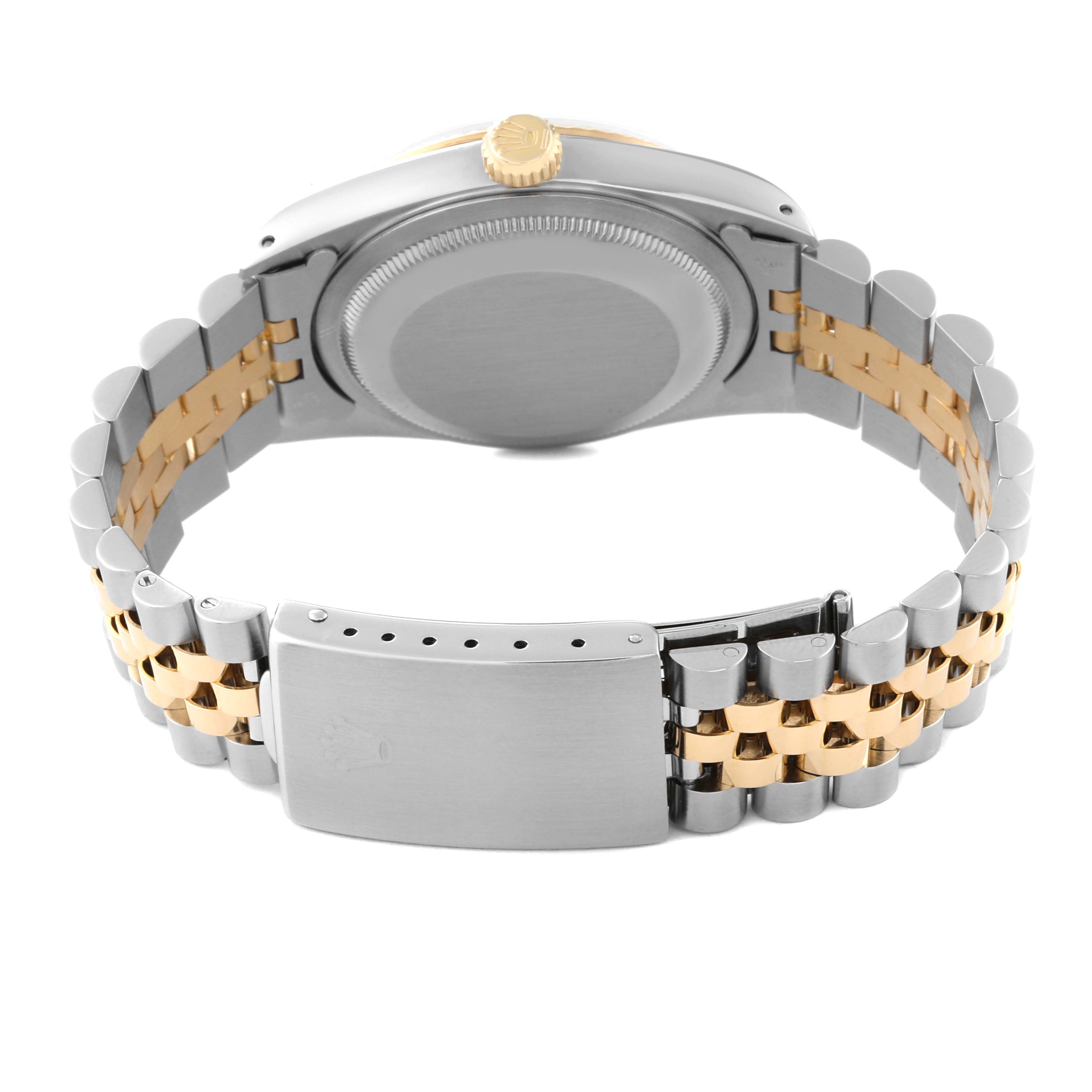 This image shows the back of a Rolex Datejust 16233 Men's Steel and Gold (two tone) Champagne Dial 16233 Men's Steel and Gold (two tone) Champagne Dial watch, focusing on the case back and two-tone bracelet with the clasp.