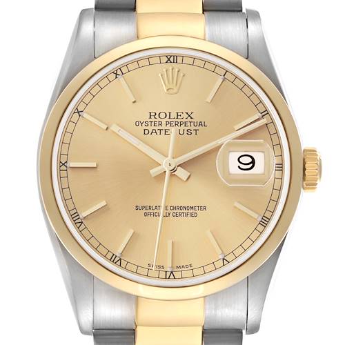 The Rolex Datejust 16203 Men's Steel and Gold (two tone) Champagne Dial 16203 Men's Steel and Gold (two tone) Champagne Dial watch is shown from the front, highlighting its dial, bezel, crown, and part of the bracelet.
