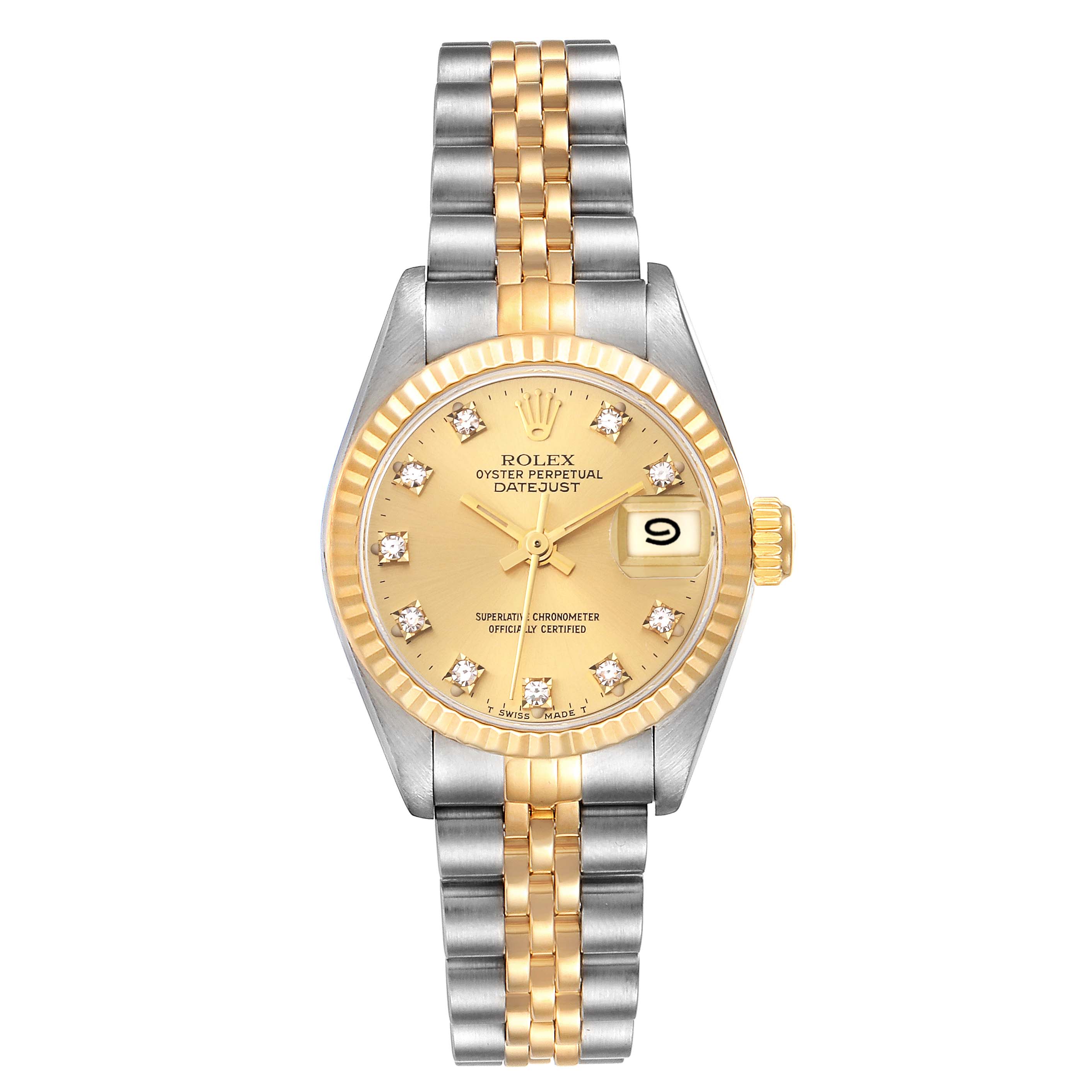 The image shows a front view of the Rolex Datejust 69173G Women's Steel and Gold (two tone) Champagne Dial 69173G Women's Steel and Gold (two tone) Champagne Dial watch with its gold dial, diamond hour markers, and two-tone bracelet.