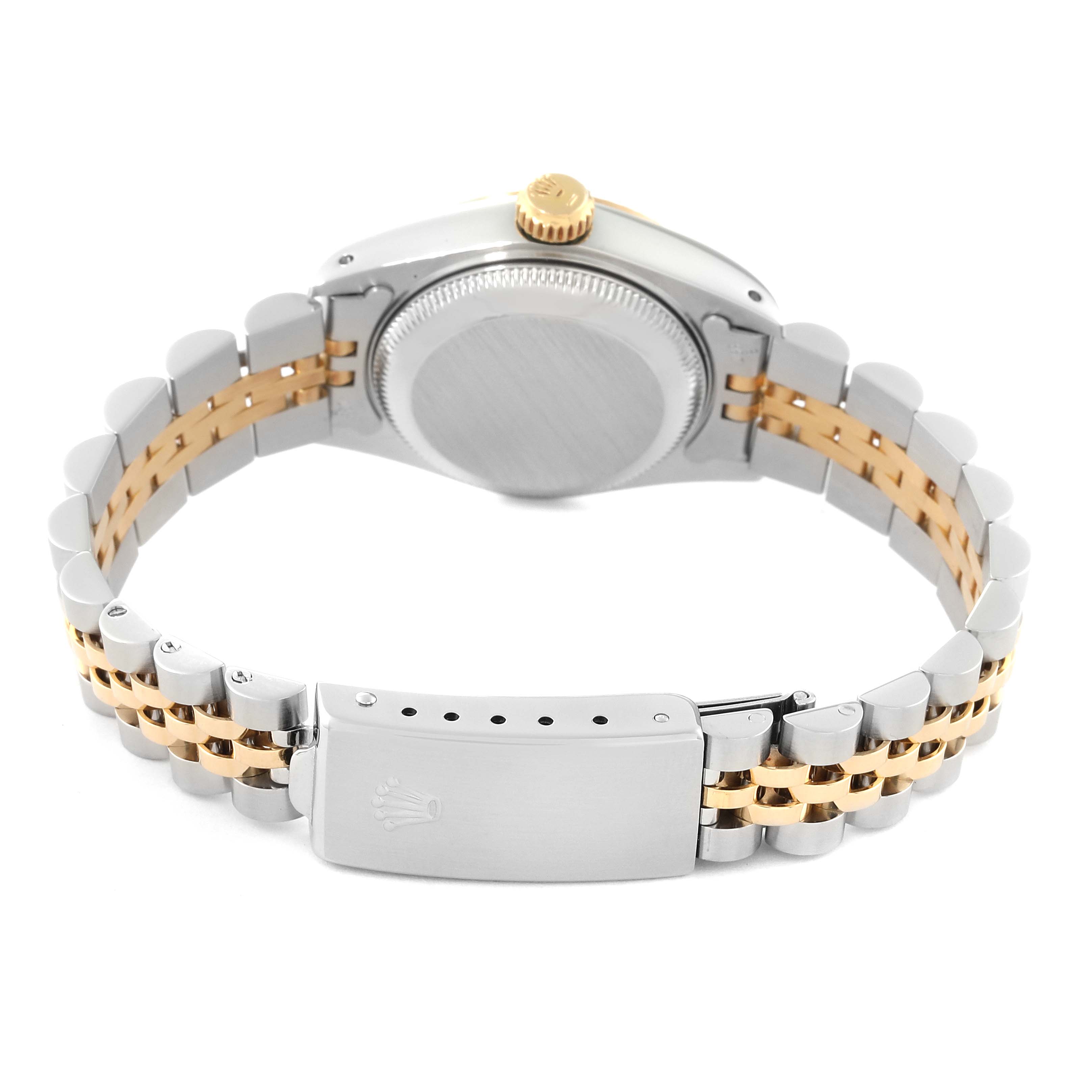 The image shows the back view of the Rolex Datejust 69173G Women's Steel and Gold (two tone) Champagne Dial 69173G Women's Steel and Gold (two tone) Champagne Dial watch, highlighting the case back, crown, and two-tone bracelet with the clasp.